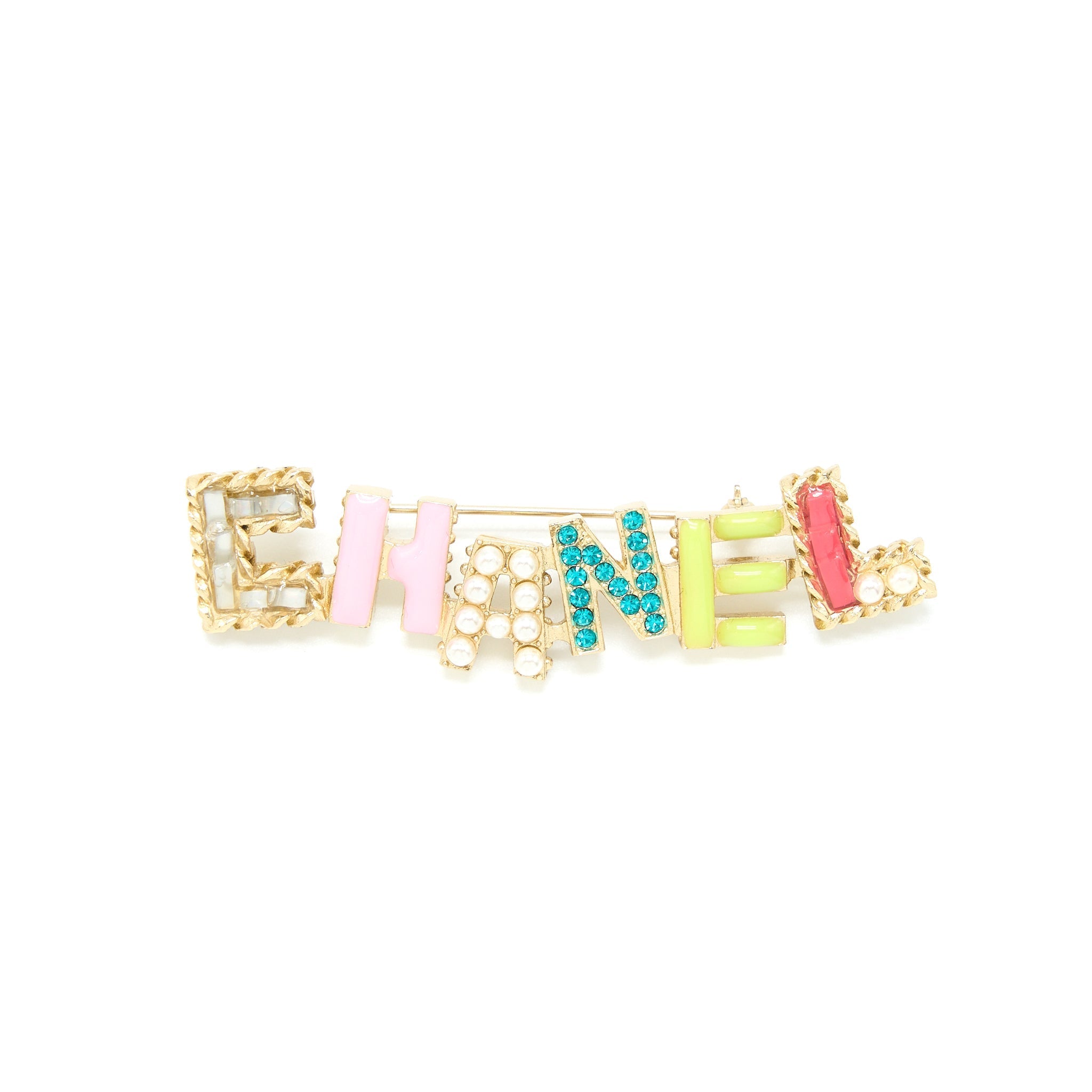 CHANEL LETTER BROOCH CRYSTAL/PEARL MULTICOLOUR LIGHT GOLD TONE