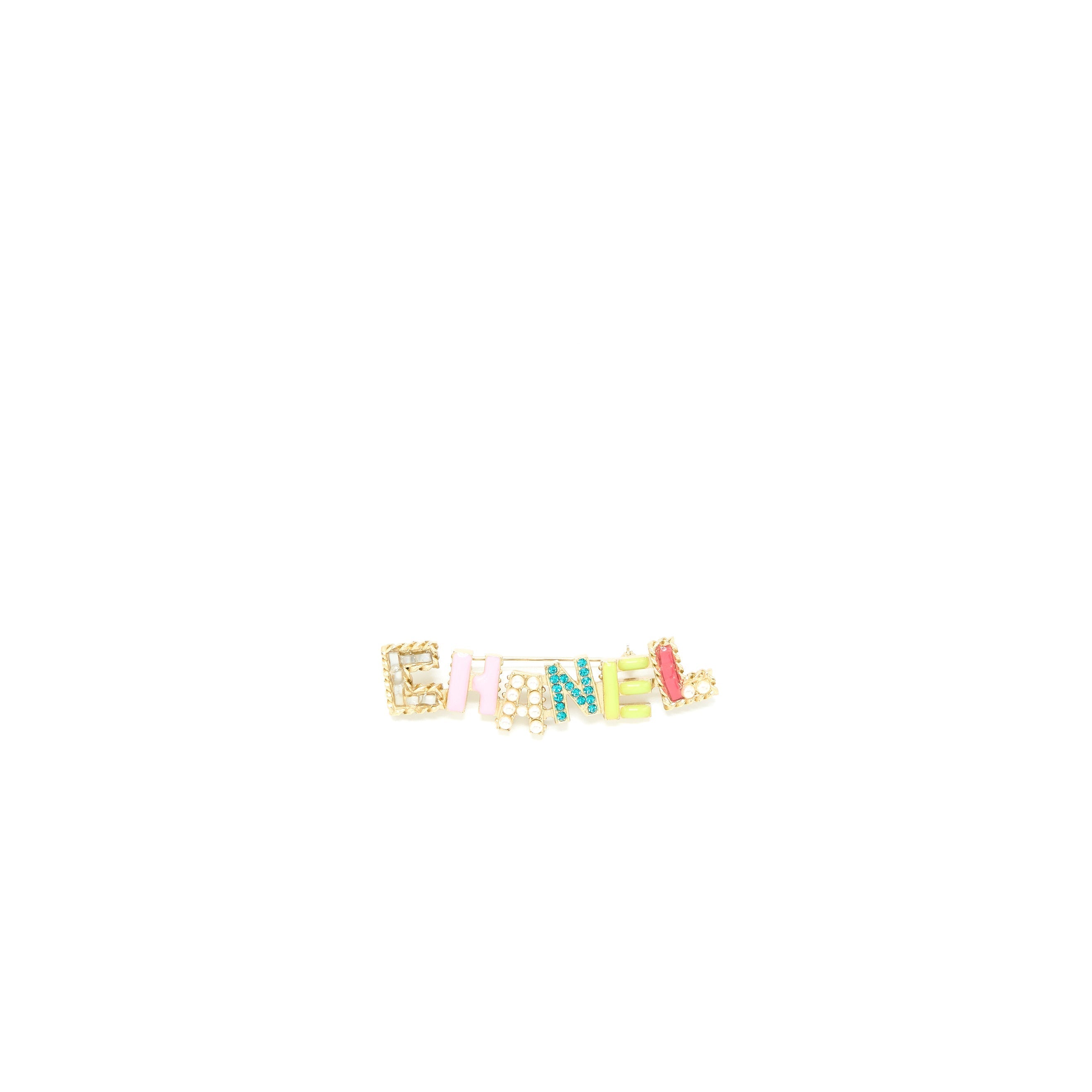 CHANEL LETTER BROOCH CRYSTAL/PEARL MULTICOLOUR LIGHT GOLD TONE