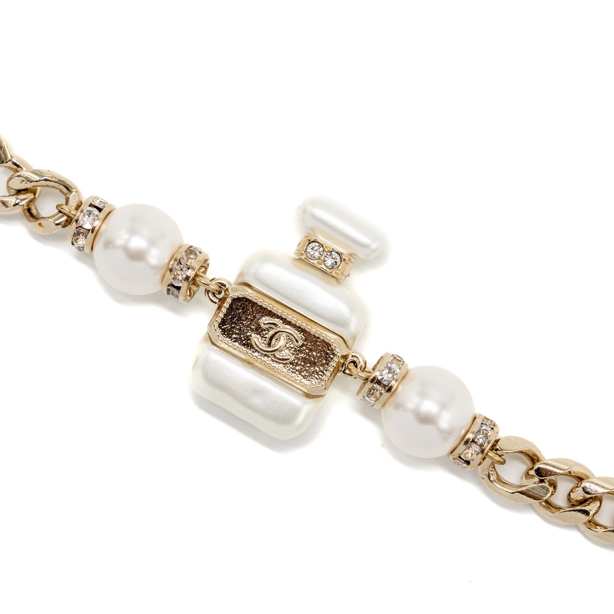 CHANEL NO.5 PERFUME BOTTLE BRACELET CRYSTAL/PEARL LIGHT GOLD TONE