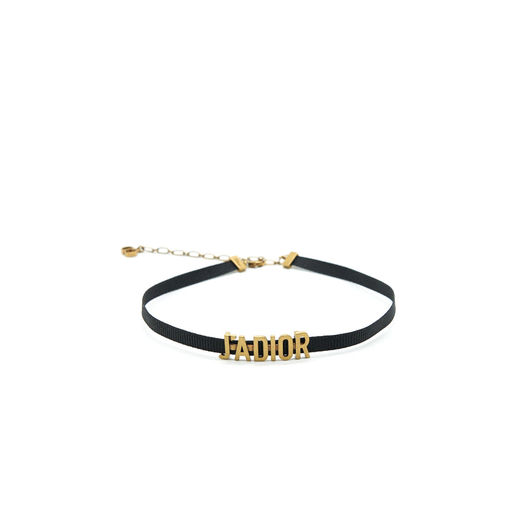 DIOR J’ADIOR CHOKER ANTIQUE GOLD FINISH METAL AND BLACK GROSGRAIN RIBBON