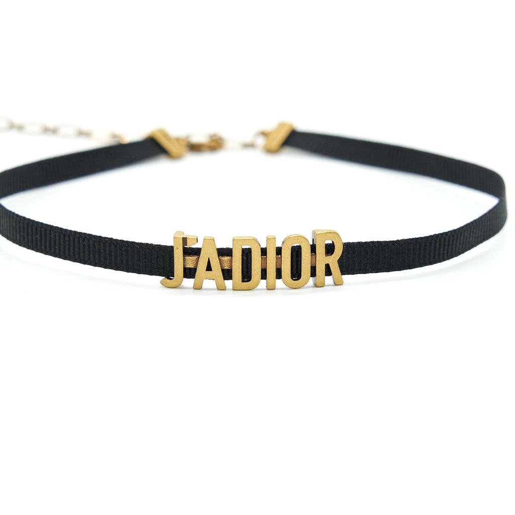 DIOR J’ADIOR CHOKER ANTIQUE GOLD FINISH METAL AND BLACK GROSGRAIN RIBBON