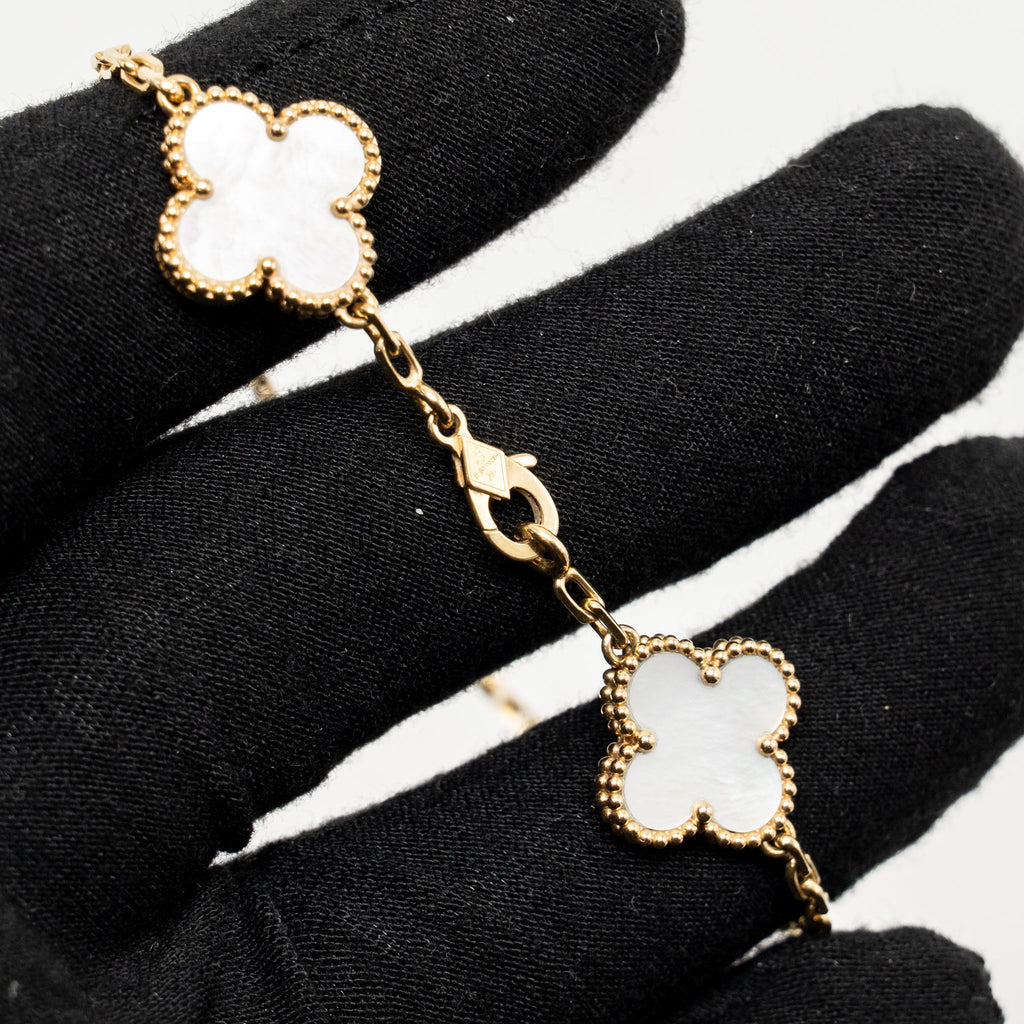 VAN CLEEF & ARPELS VINTAGE ALHAMBRA BRACELET 5 MOTIFS MOTHER OF PEARL YELLOW GOLD