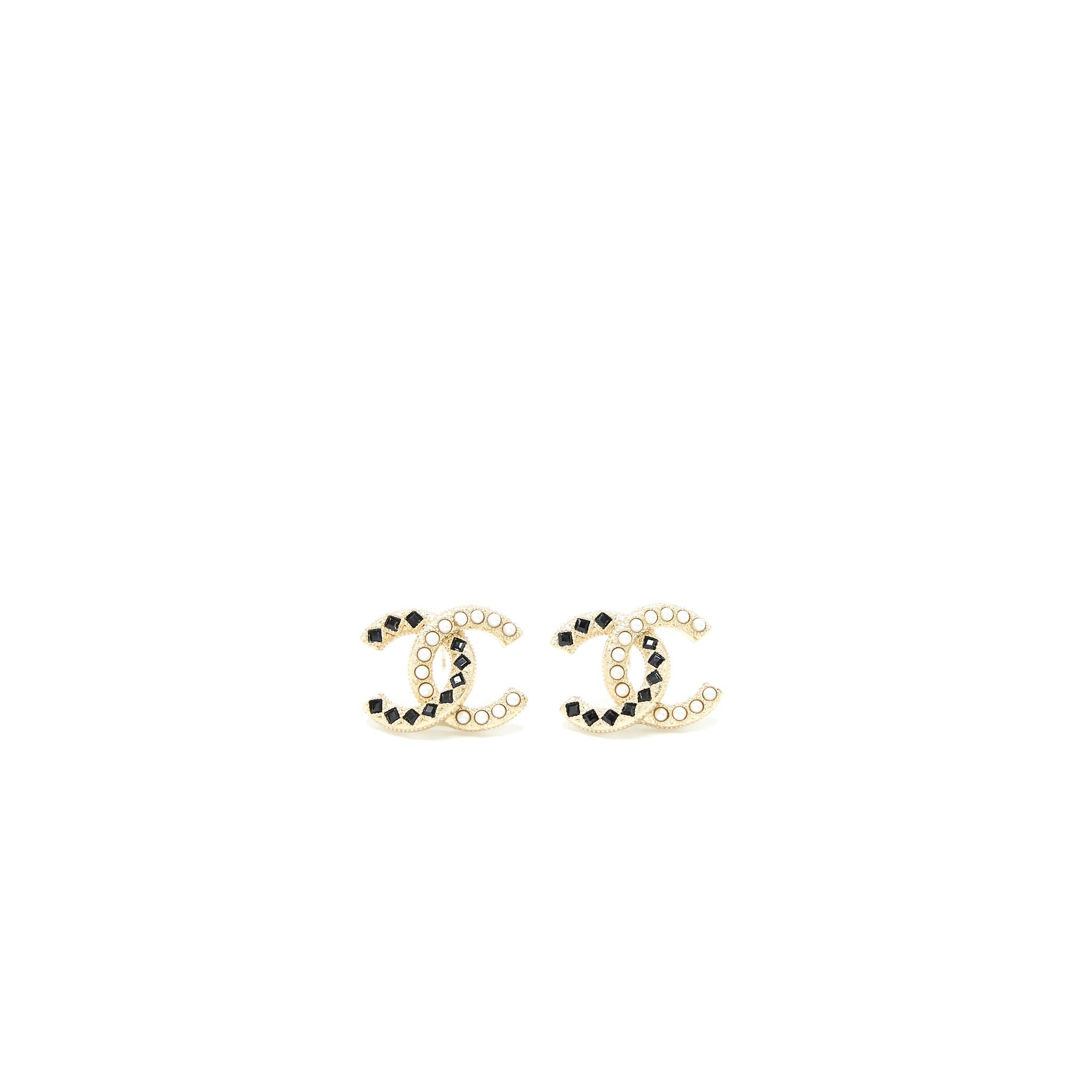 CHANEL CC LOGO EARRINGS BLACK CRYSTAL/PEARL LIGHT GOLD TONE