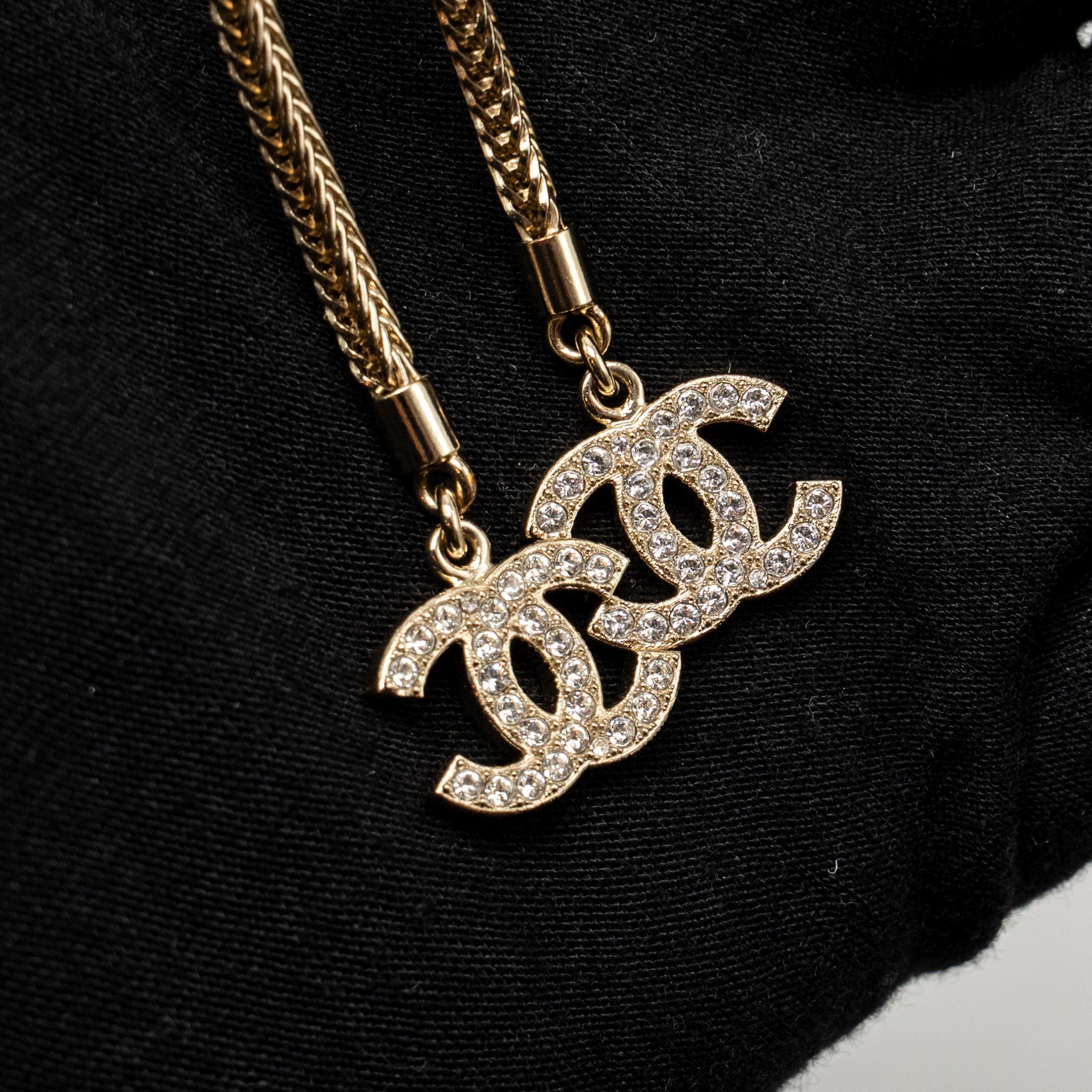 CHANEL CC LOGO DROPPED NECKLACE CRYSTAL LIGHT GOLD TONE