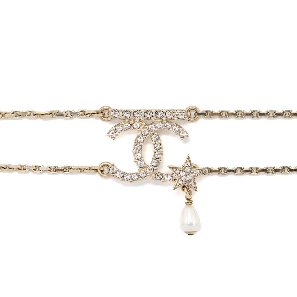 CHANEL DOUBLE CHAINS CHOCKER CRYSTAL/PEARL LIGHT GOLD TONE