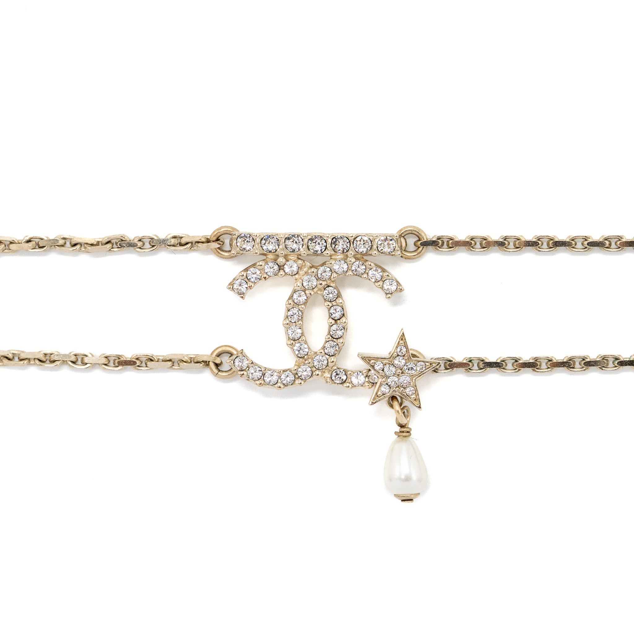 CHANEL DOUBLE CHAINS CHOCKER CRYSTAL/PEARL LIGHT GOLD TONE