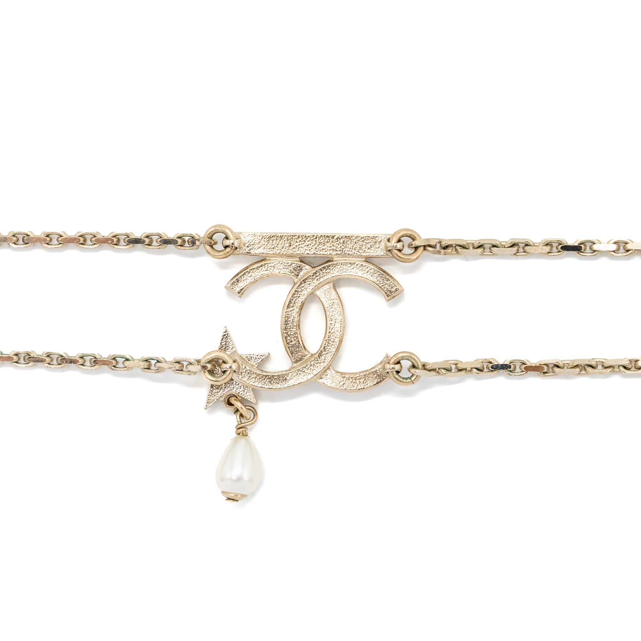 CHANEL DOUBLE CHAINS CHOCKER CRYSTAL/PEARL LIGHT GOLD TONE