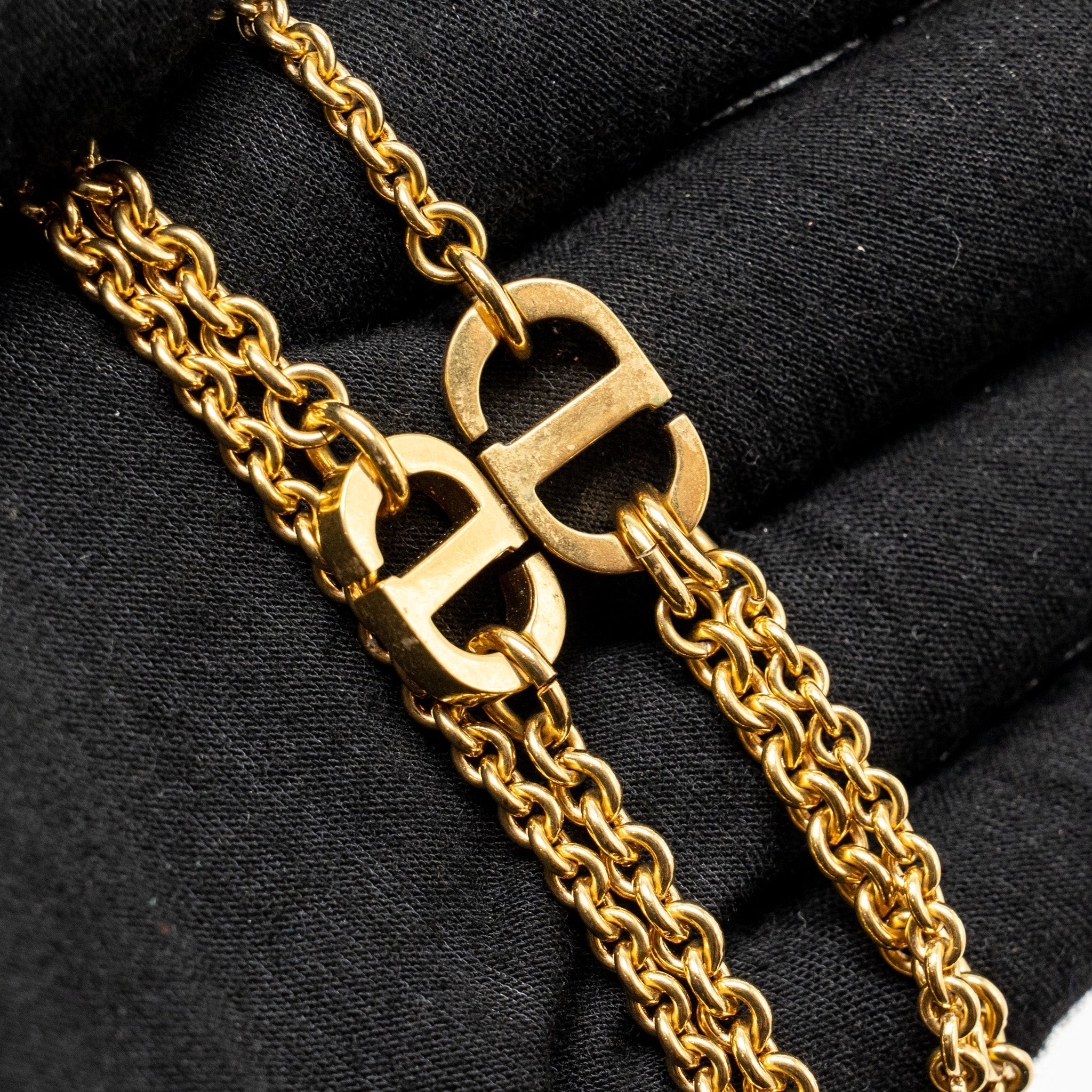 DIOR PETIT CD DOUBLE CHAIN NECKLACE PINK GOLD TONE