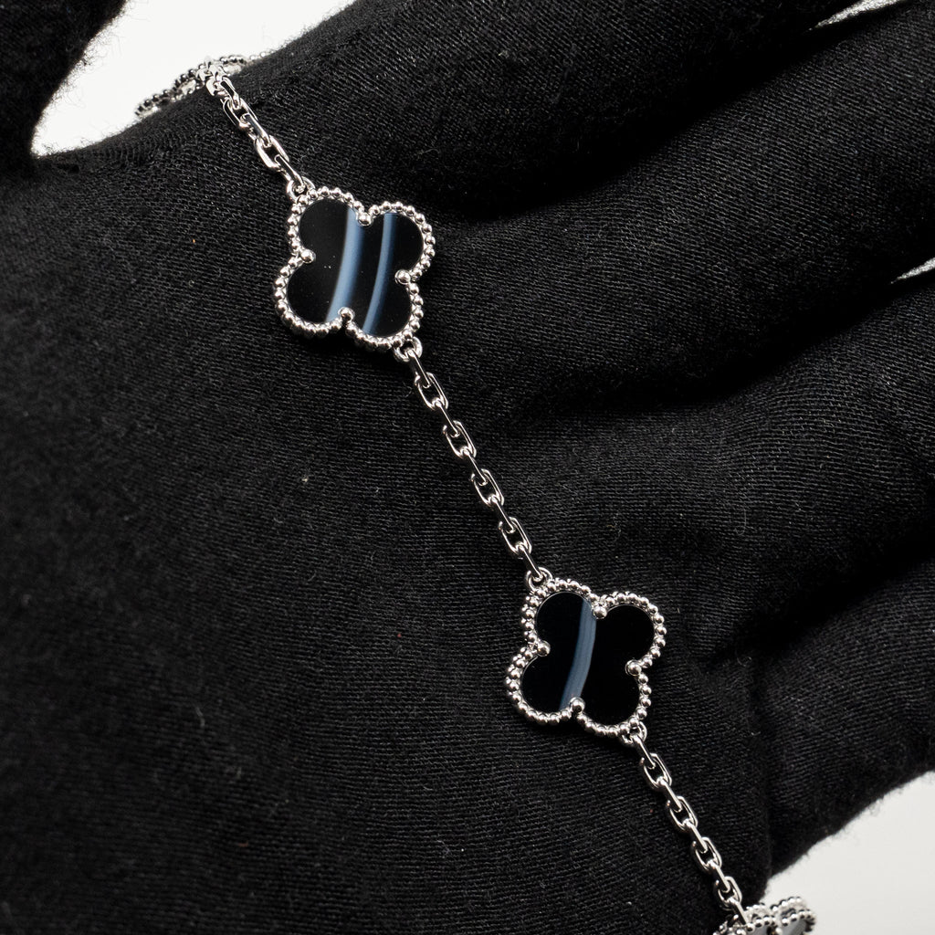 VAN CLEEF & ARPELS VINTAGE ALHAMBRA BRACELET 5 MOTIFS VEINED ONYX WHITE GOLD