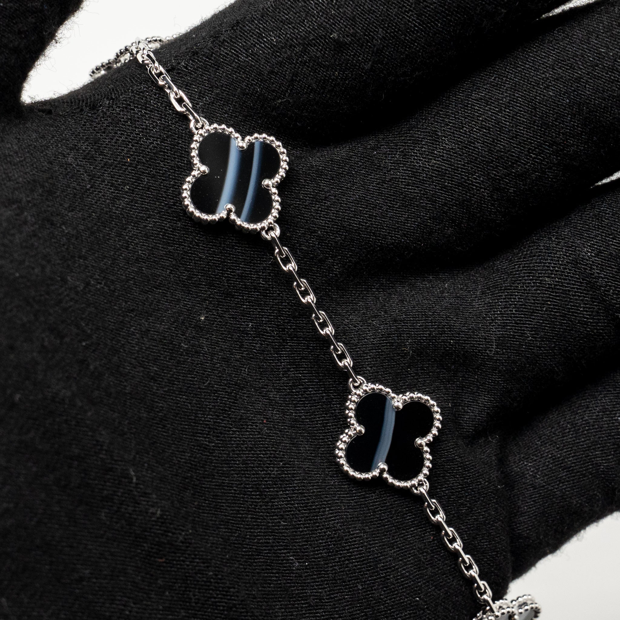 VAN CLEEF & ARPELS VINTAGE ALHAMBRA BRACELET 5 MOTIFS VEINED ONYX WHITE GOLD