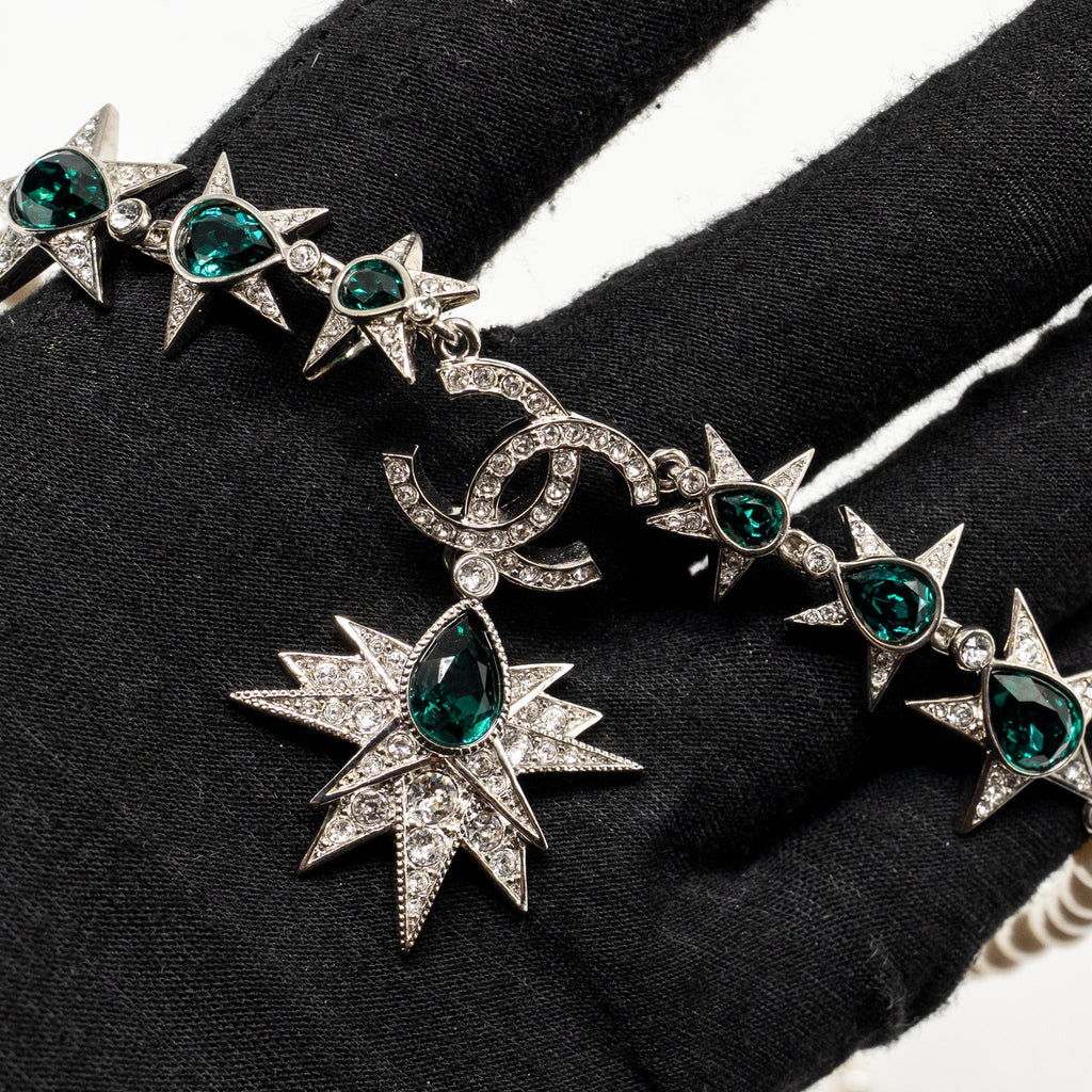 CHANEL CC AND STAR LAYERED LONG NECKLACE PEARL/CRYSTAL GREEN/SILVER TONE