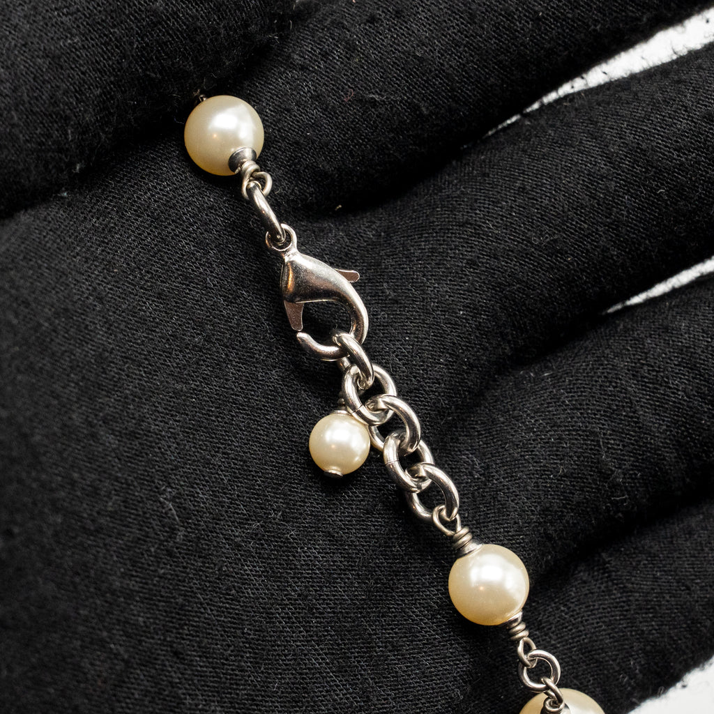 CHANEL PEARL AND CC WITH CRYSTAL LONG NECKLACE SILVER TONE