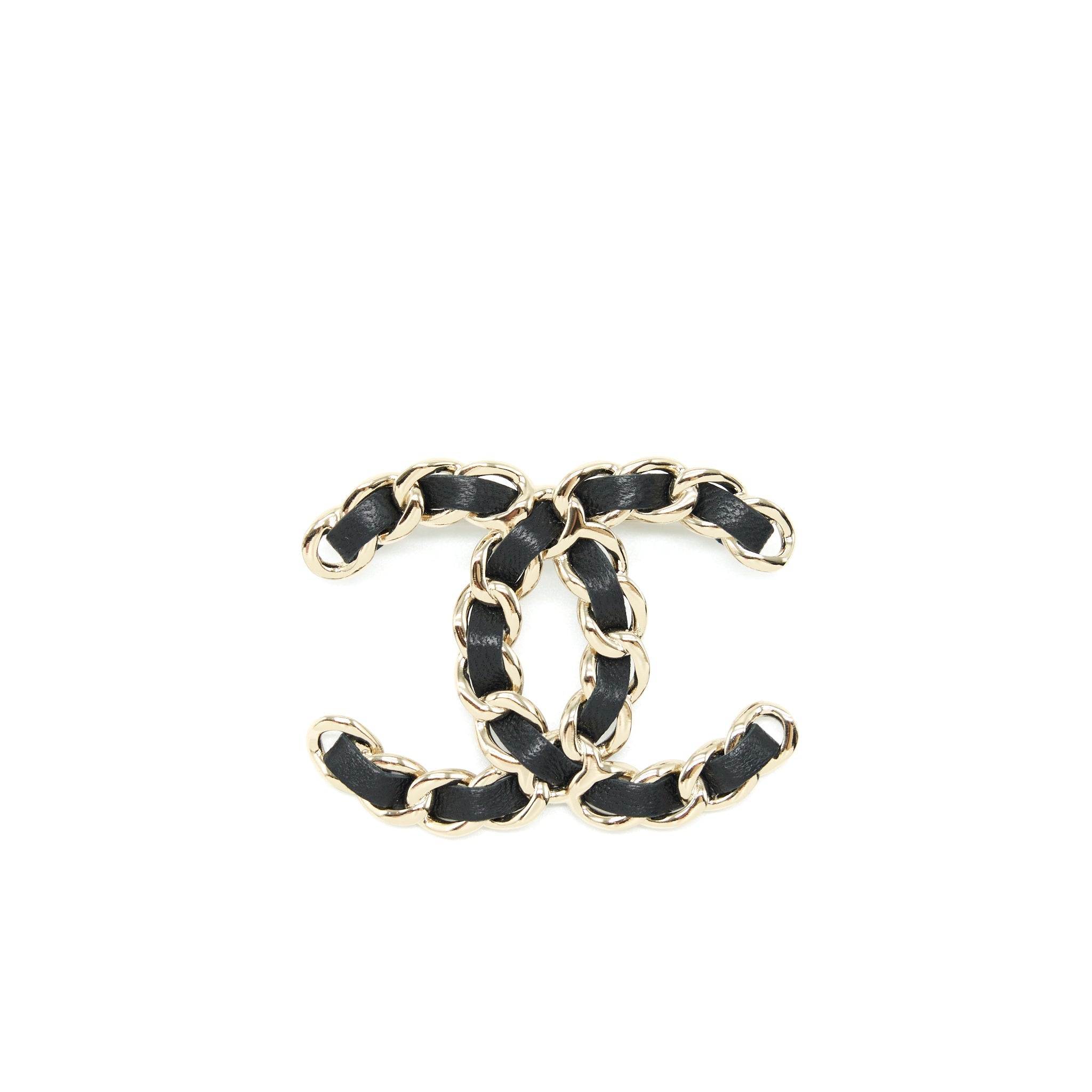 CHANEL CC LOGO LEATHER CHAIN BROOCH LIGHT GOLD TONE