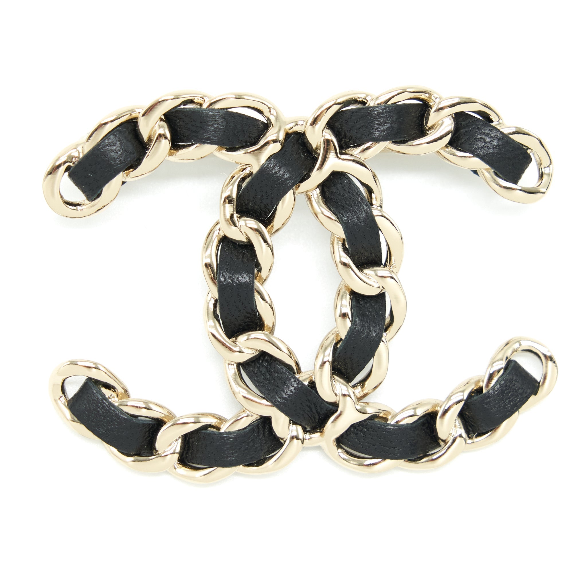 CHANEL CC LOGO LEATHER CHAIN BROOCH LIGHT GOLD TONE
