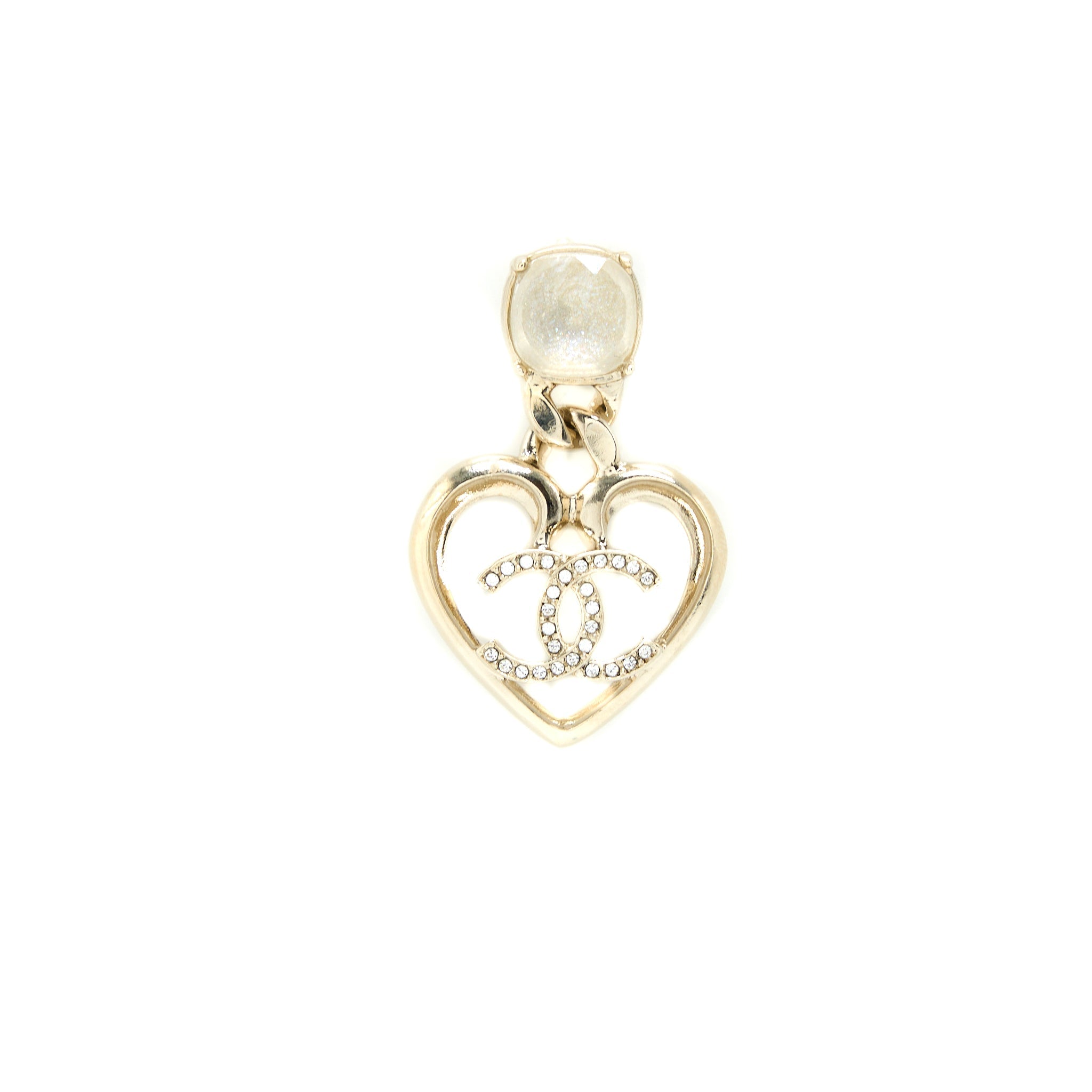 CHANEL LOGO HEART DROP EARRINGS CRYSTAL LIGHT GOLD TONE
