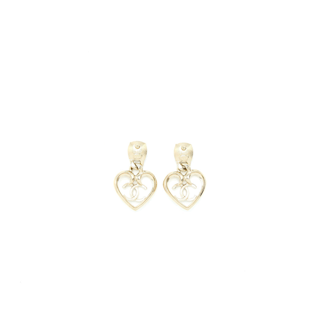 CHANEL LOGO HEART DROP EARRINGS CRYSTAL LIGHT GOLD TONE