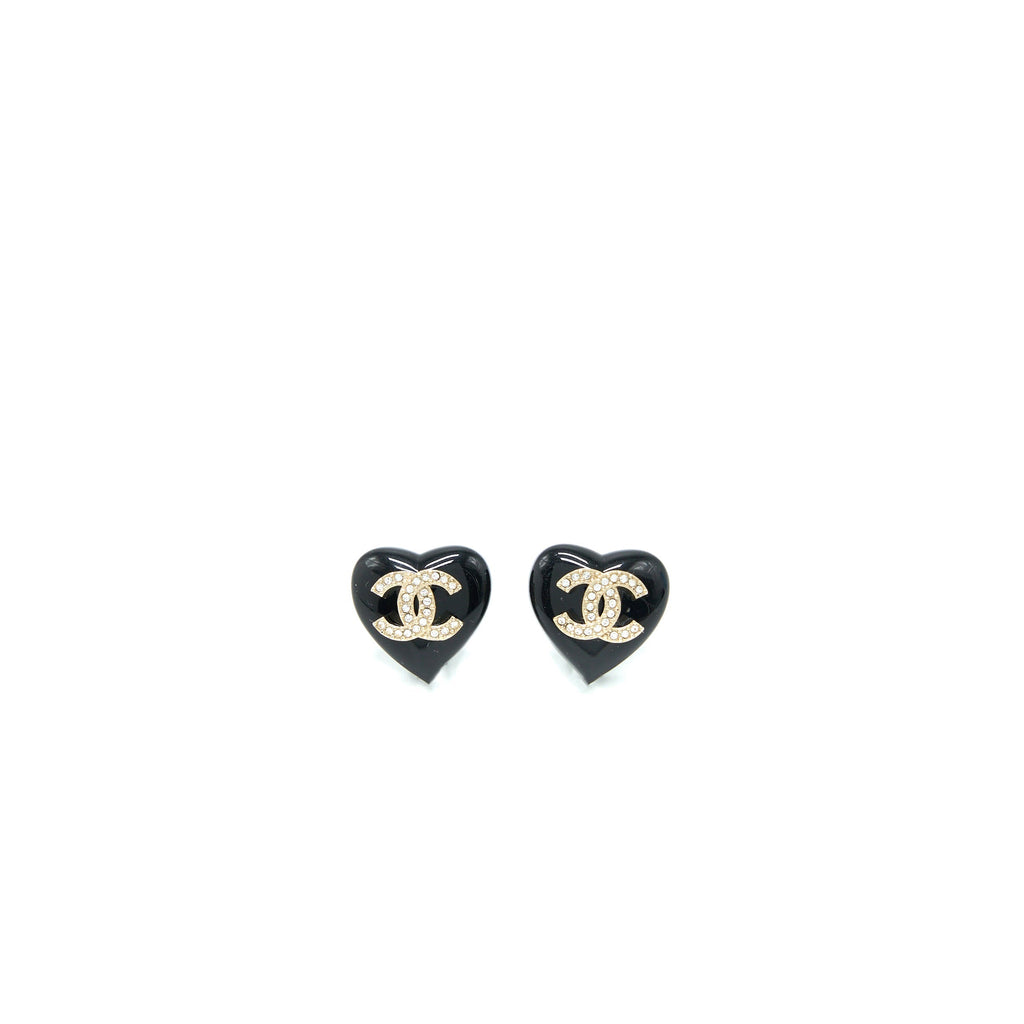 CHANEL HEART SHAPE CC LOGO EARRINGS CRYSTAL BLACK LIGHT GOLD TONE