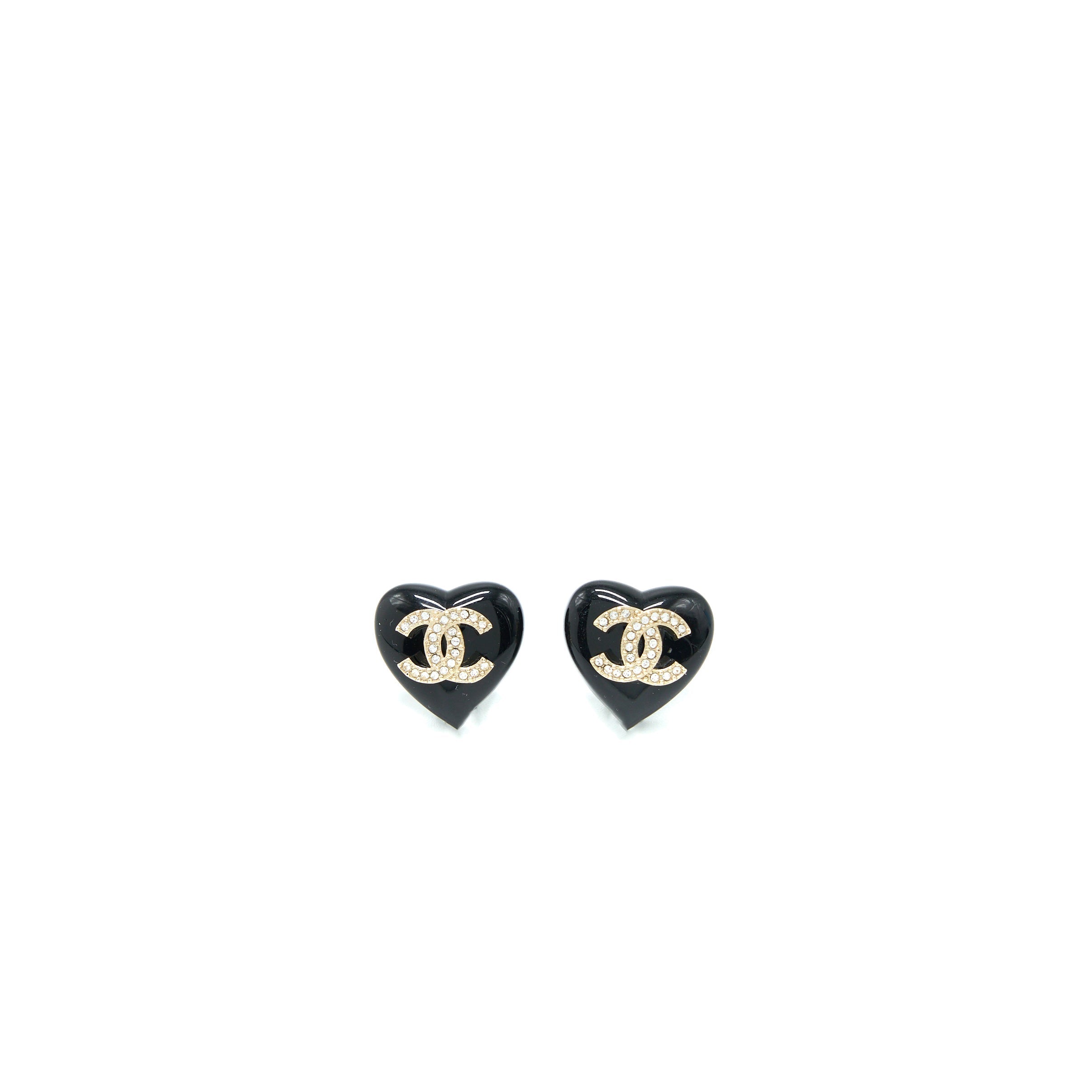 CHANEL HEART SHAPE CC LOGO EARRINGS CRYSTAL BLACK LIGHT GOLD TONE