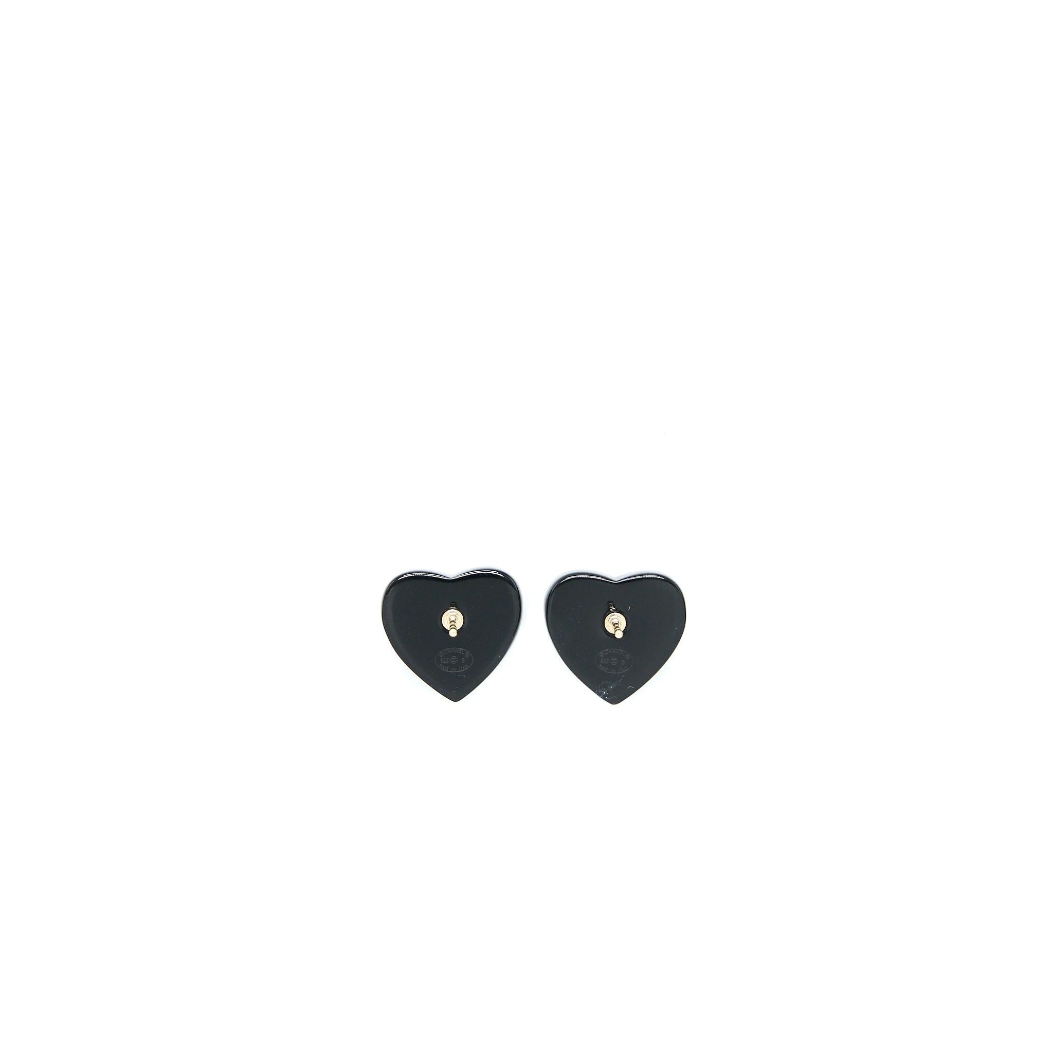 CHANEL HEART SHAPE CC LOGO EARRINGS CRYSTAL BLACK LIGHT GOLD TONE