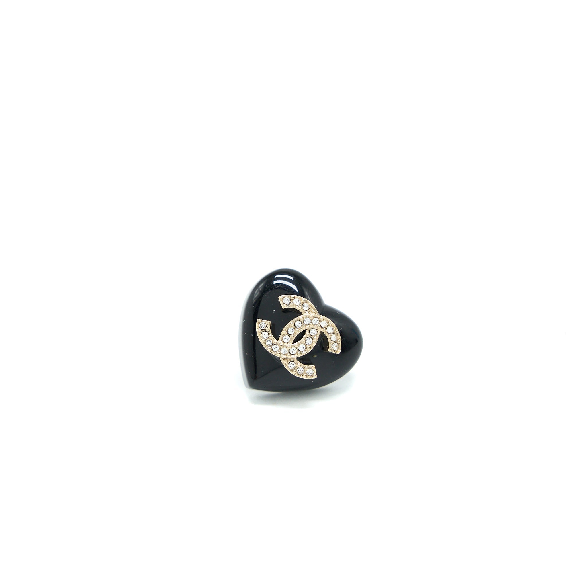 CHANEL HEART SHAPE CC LOGO EARRINGS CRYSTAL BLACK LIGHT GOLD TONE