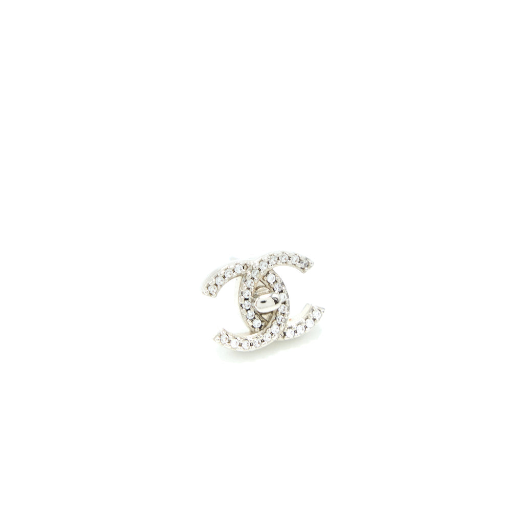 CHANEL CC LOGO EARRINGS CRYSTAL SILVER TONE
