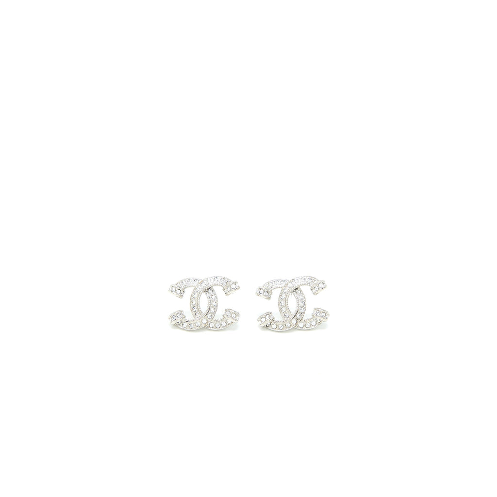 CHANEL 23P CC LOGO EARRINGS CRYSTAL SILVER TONE