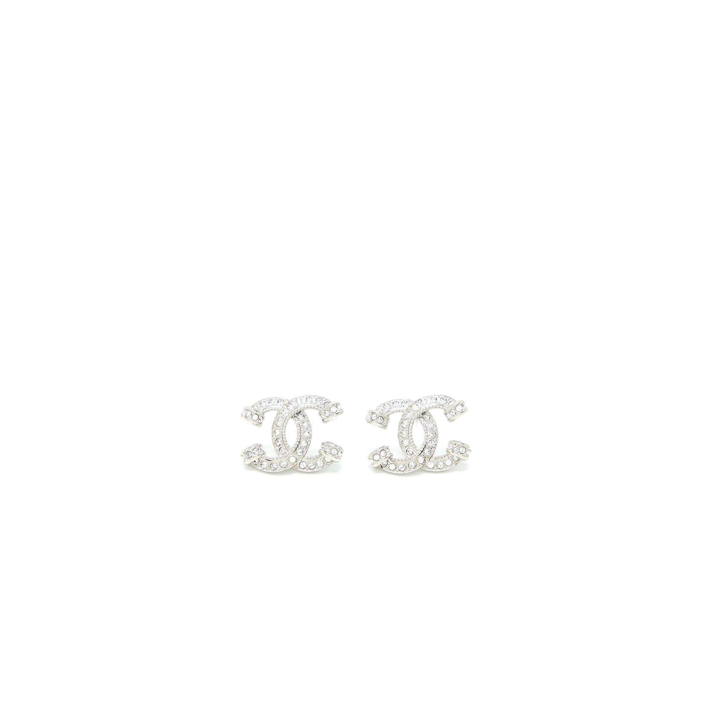 CHANEL 23P CC LOGO EARRINGS CRYSTAL SILVER TONE