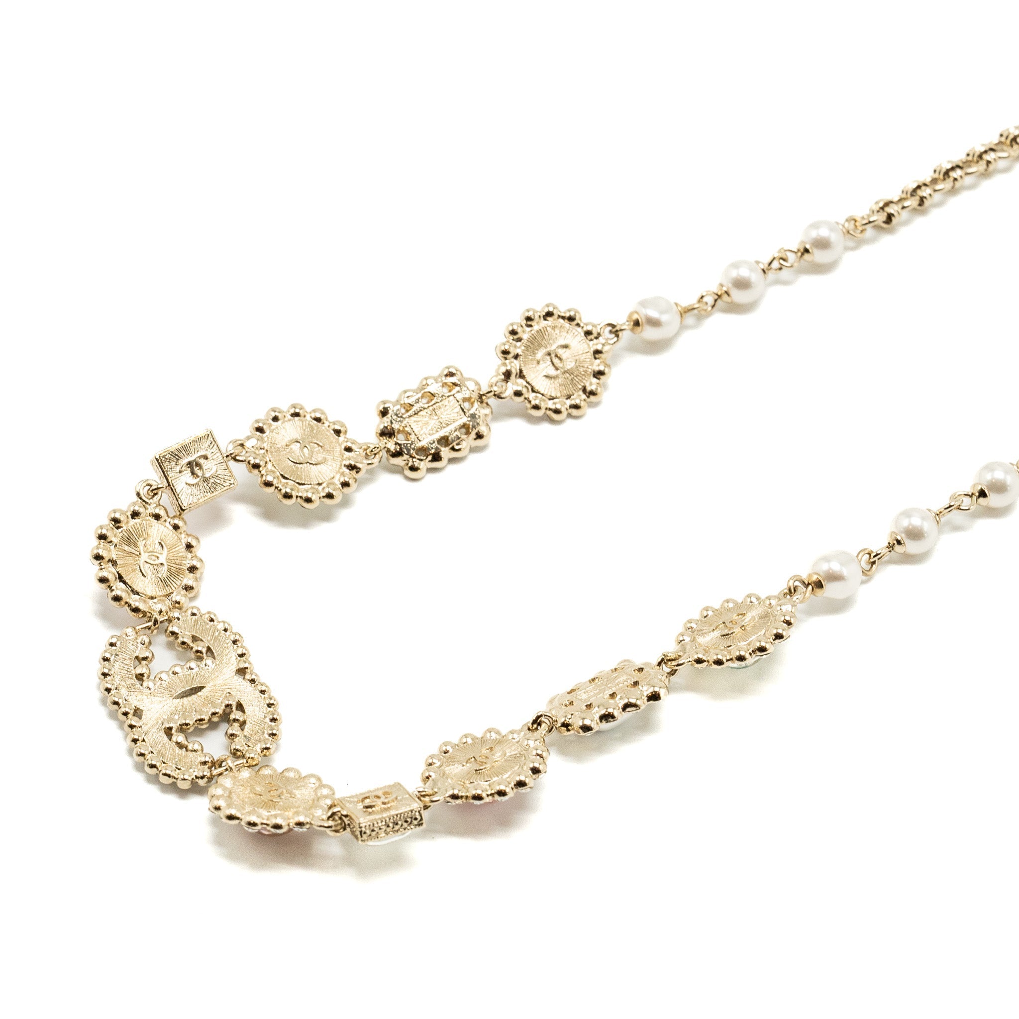 CHANEL 21K CHAIN BELT/FANCY BELT PEARL/CRYSTAL LIGHT GOLD TONE