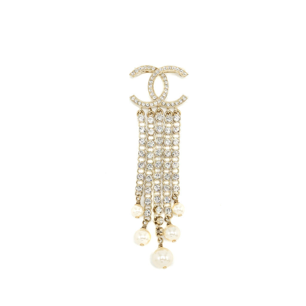 CHANEL CC LOGO WITH CRYSTAL DROPPING BROOCH LIGHT GOLD TONE