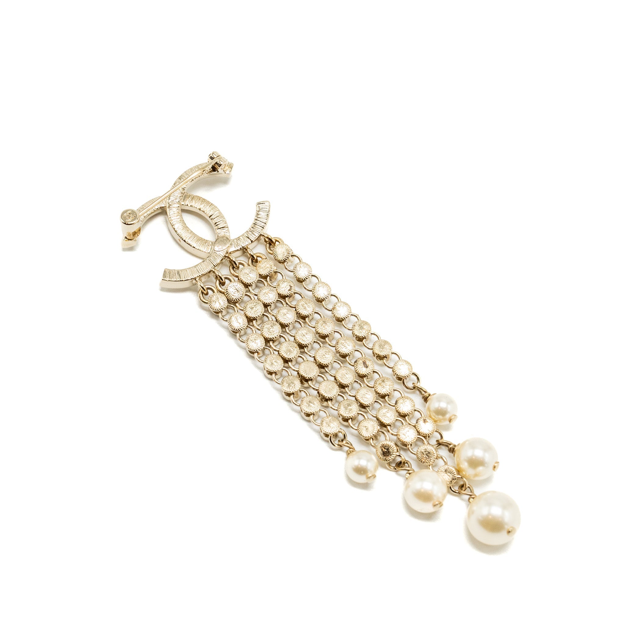 CHANEL CC LOGO WITH CRYSTAL DROPPING BROOCH LIGHT GOLD TONE