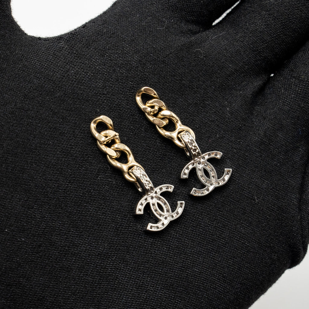 CHANEL CC LOGO DROPPED EARRINGS CRYSTAL SILVER/GOLD TONE