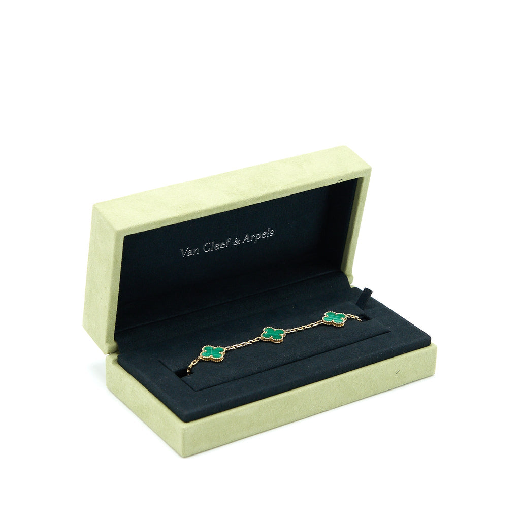 VAN CLEEF&ARPELS VINTAGE ALHAMBRA BRACELET, 5 MOTIFS 18K YELLOW GOLD MALACHITE