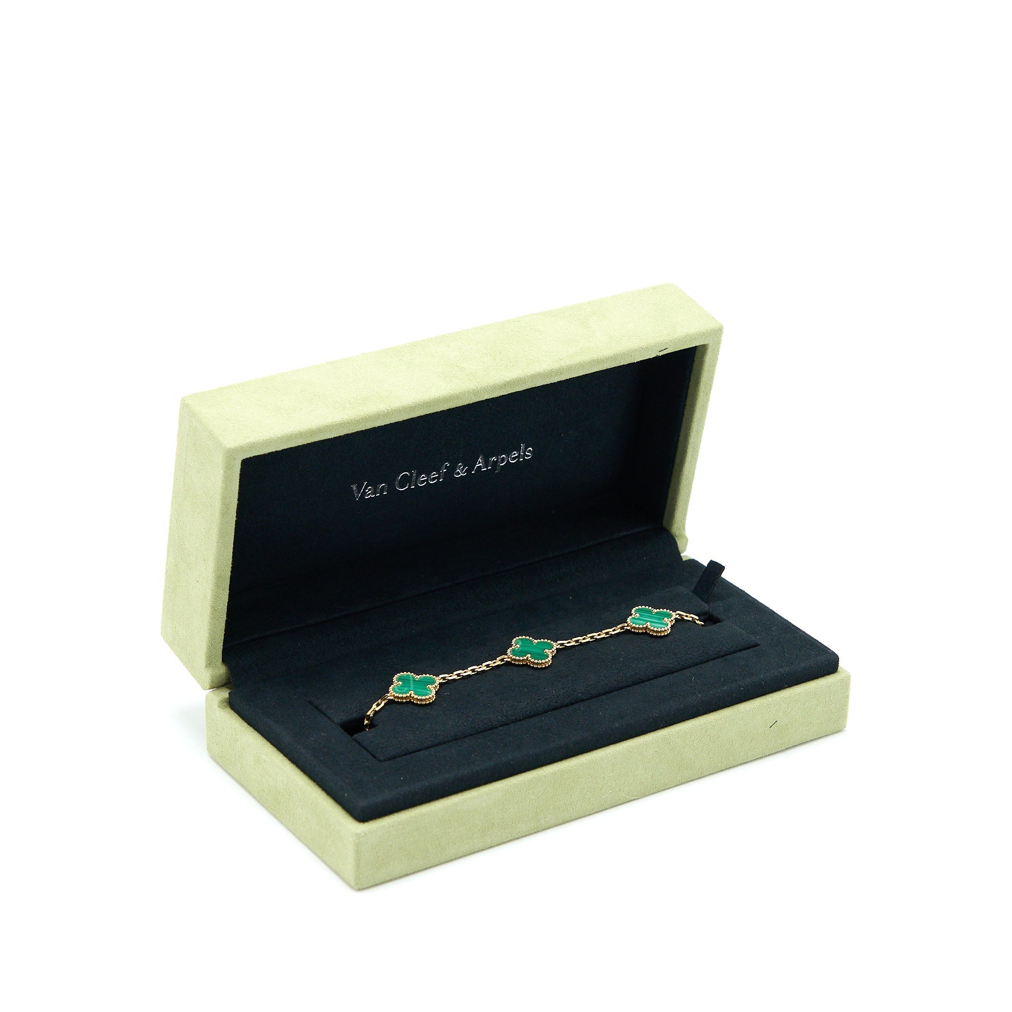 VAN CLEEF&ARPELS VINTAGE ALHAMBRA BRACELET, 5 MOTIFS 18K YELLOW GOLD MALACHITE