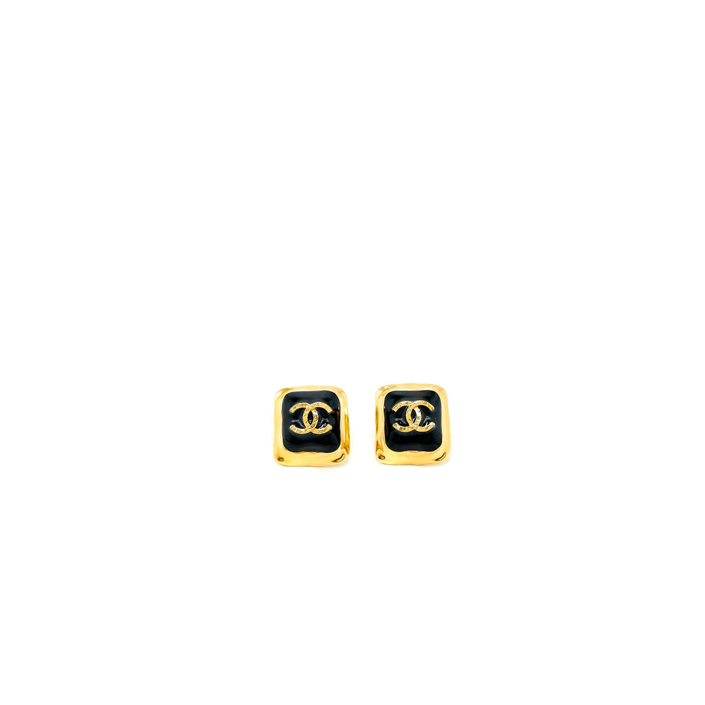 CHANEL SQUARE CC LOGO EARRING BLACK GOLD TONE