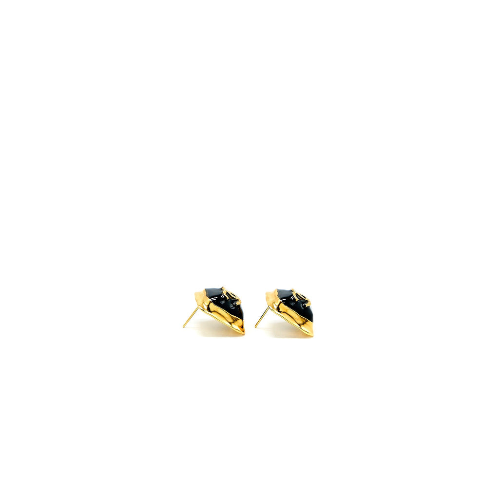 CHANEL SQUARE CC LOGO EARRING BLACK GOLD TONE