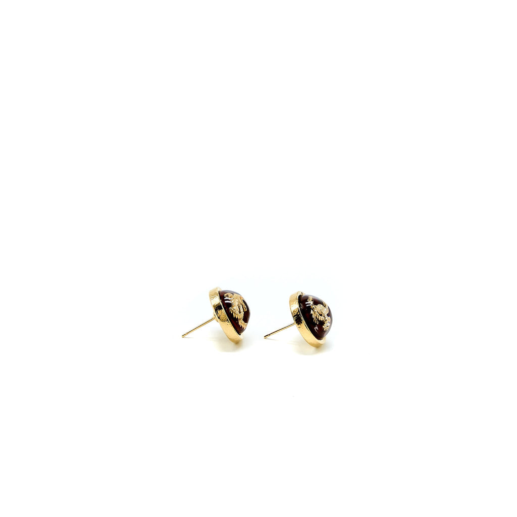 CHANEL ROUND CC LOGO EARRING RED GOND TONE