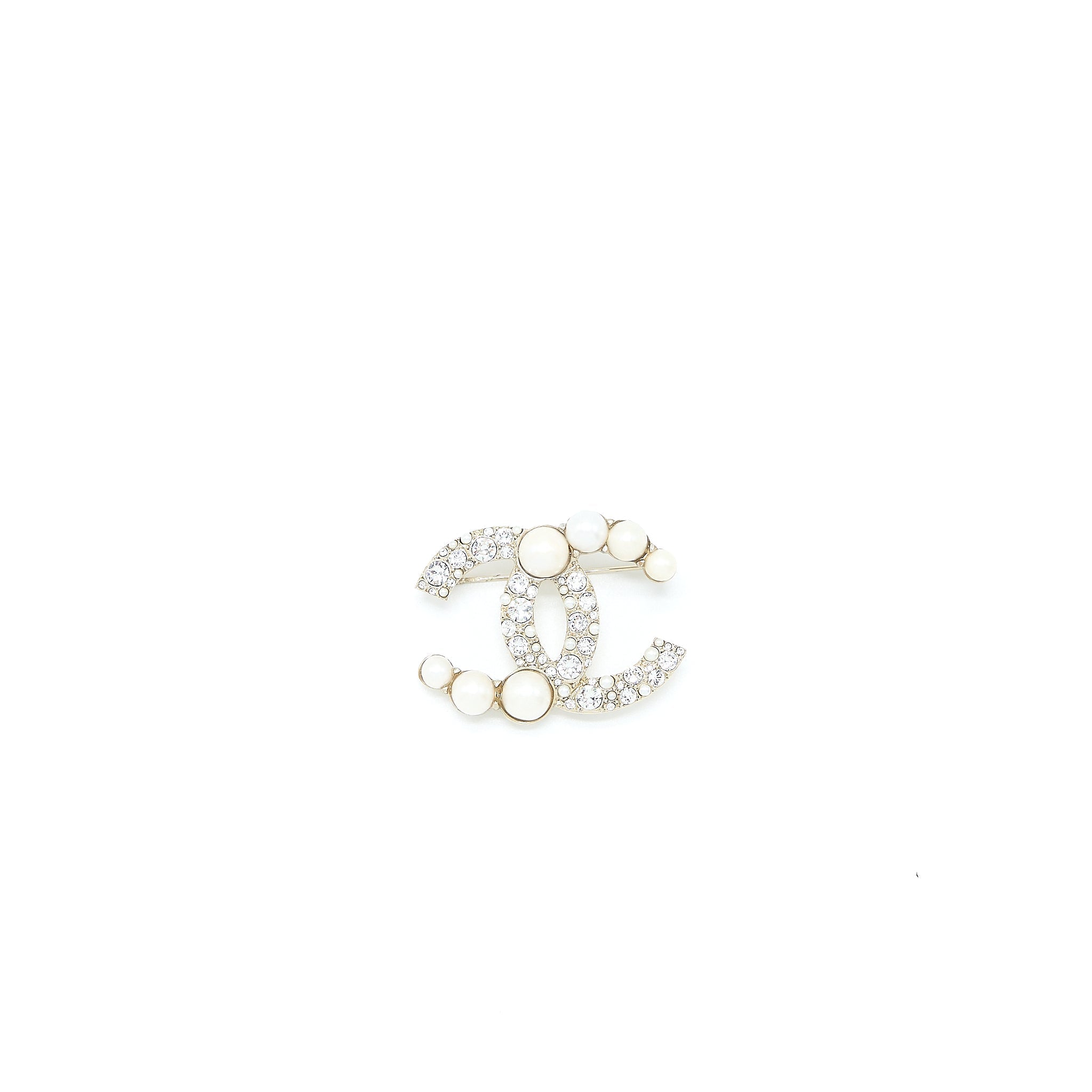 CHANEL CC LOGO BROOCH CRYSTAL/PEARL LIGHT GOLD TONE