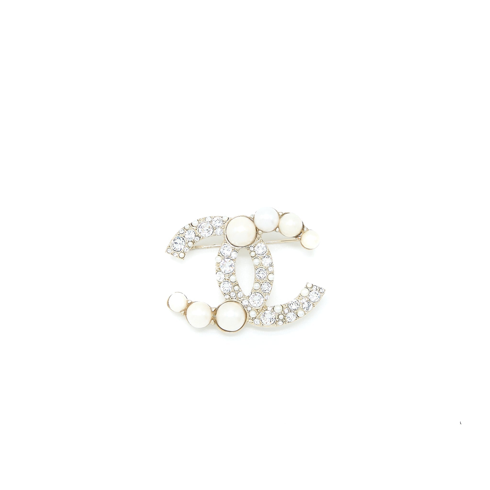 CHANEL CC LOGO BROOCH CRYSTAL/PEARL LIGHT GOLD TONE