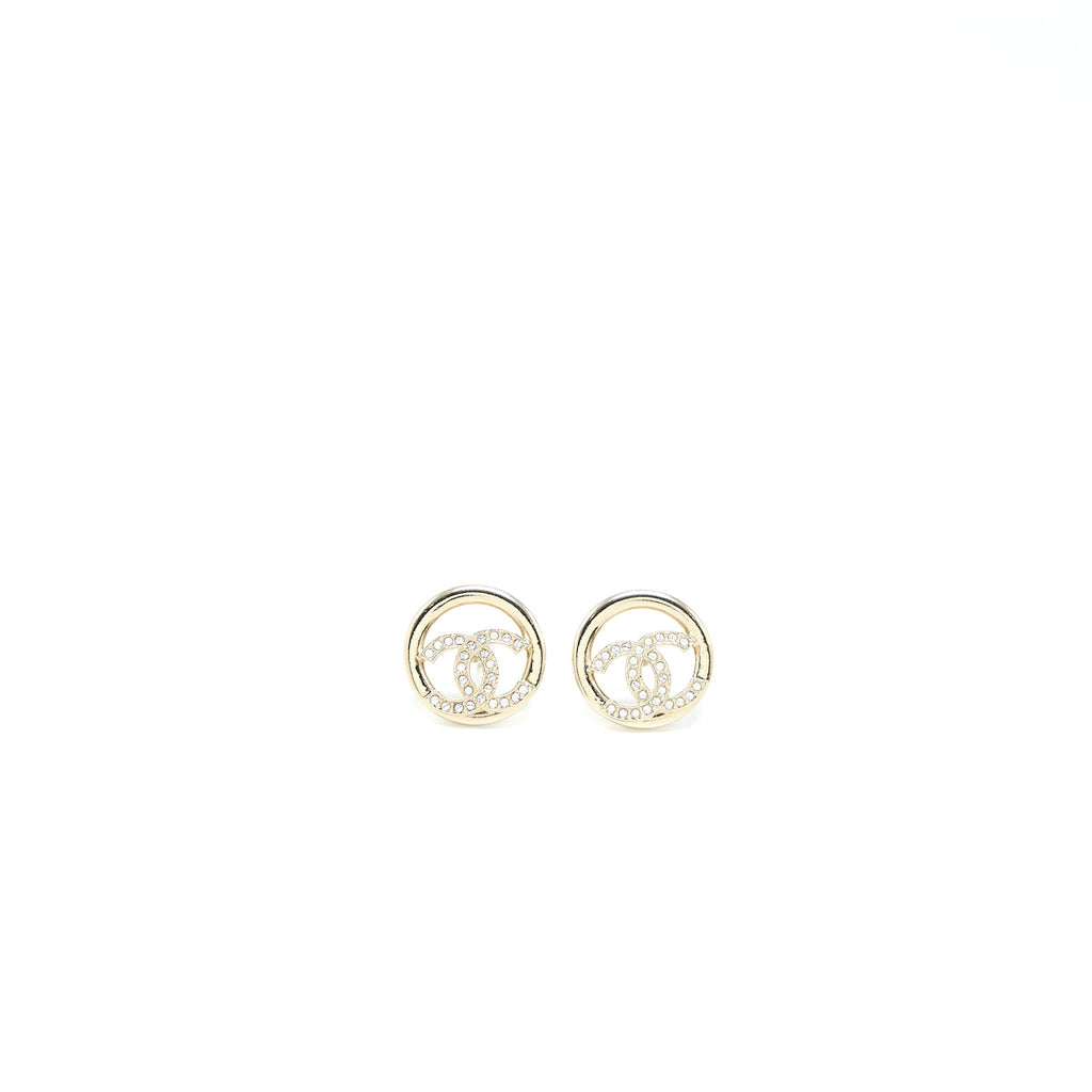 CHANEL ROUND CC LOGO EARRINGS CRYSTAL LIGHT GOLD TONE