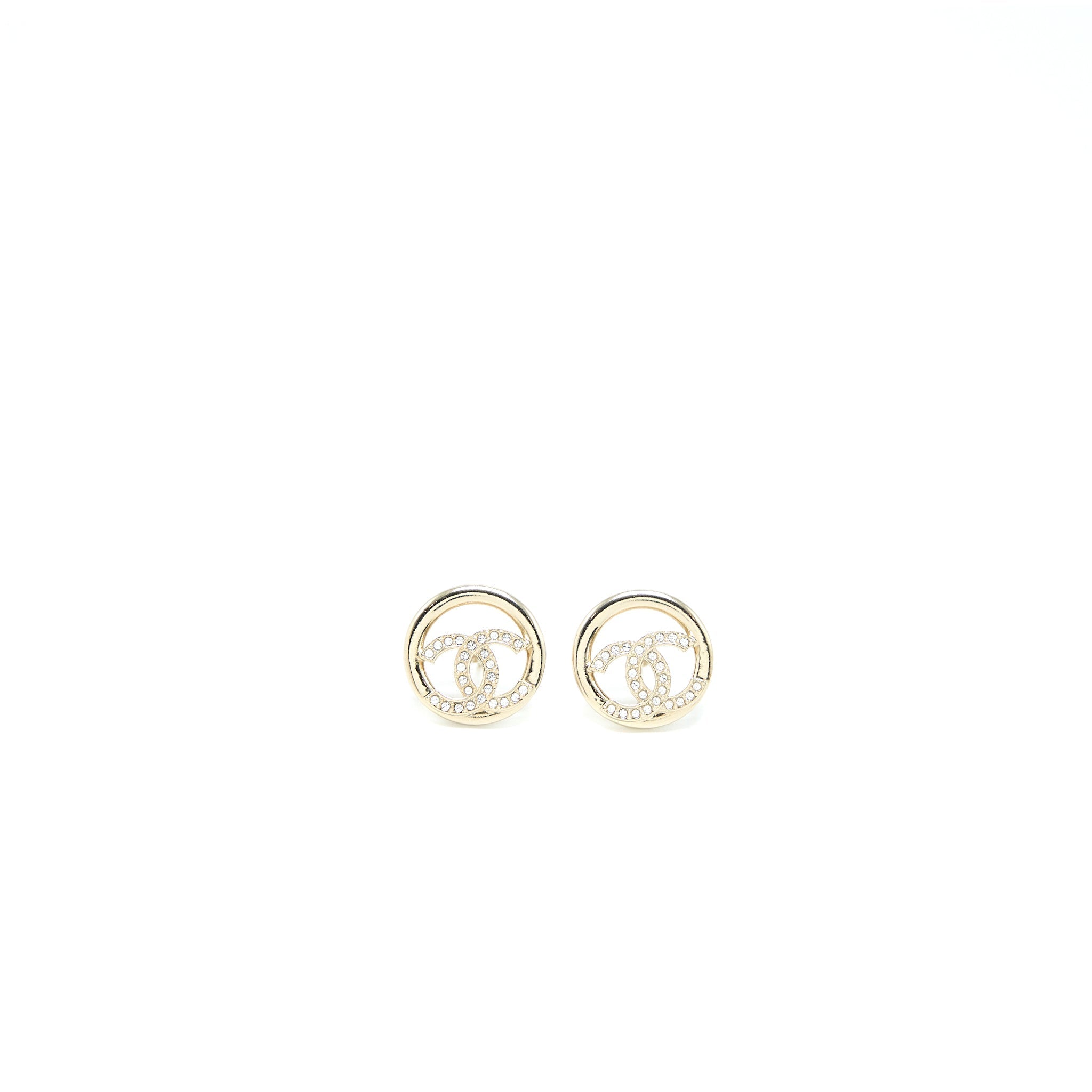 CHANEL ROUND CC LOGO EARRINGS CRYSTAL LIGHT GOLD TONE