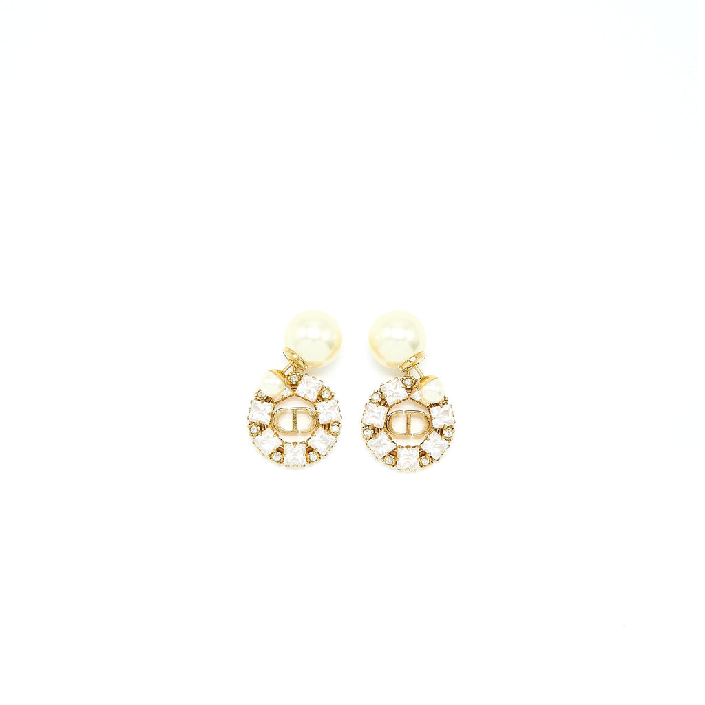 DIOR CD LOGO DROPPED EARRING PEARL/CRYSTAL GOLD TONE