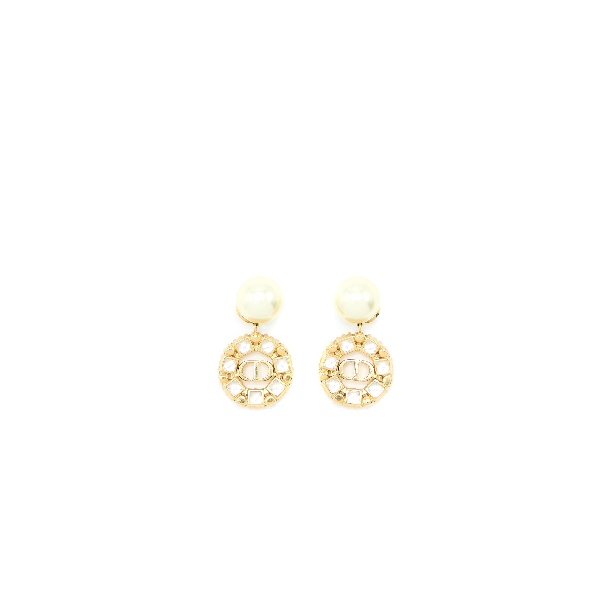 DIOR CD LOGO DROPPED EARRING PEARL/CRYSTAL GOLD TONE