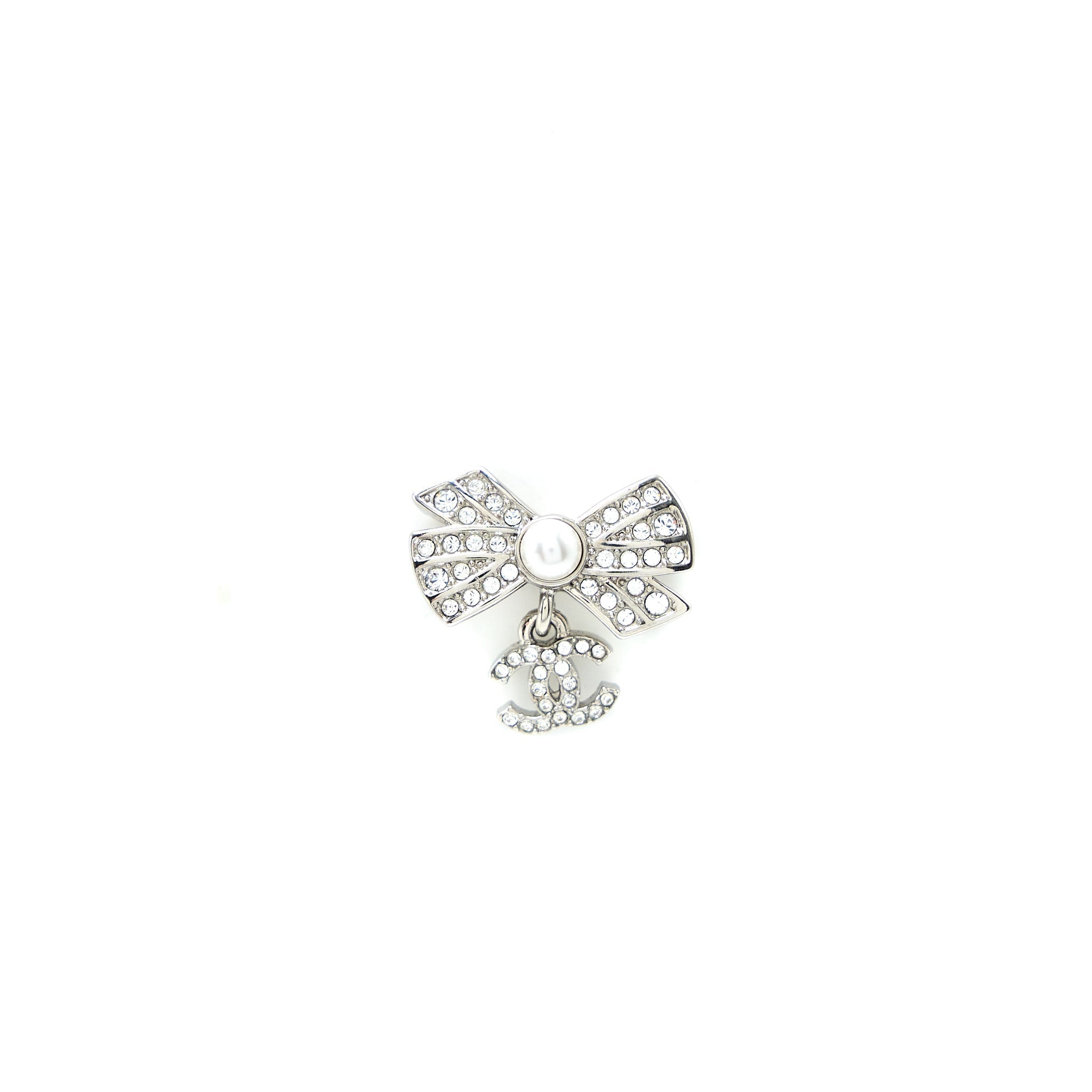 CHANEL RIBBON WITH CC DROP EARRINGS PEARL/CRYSTAL SILVER TONE