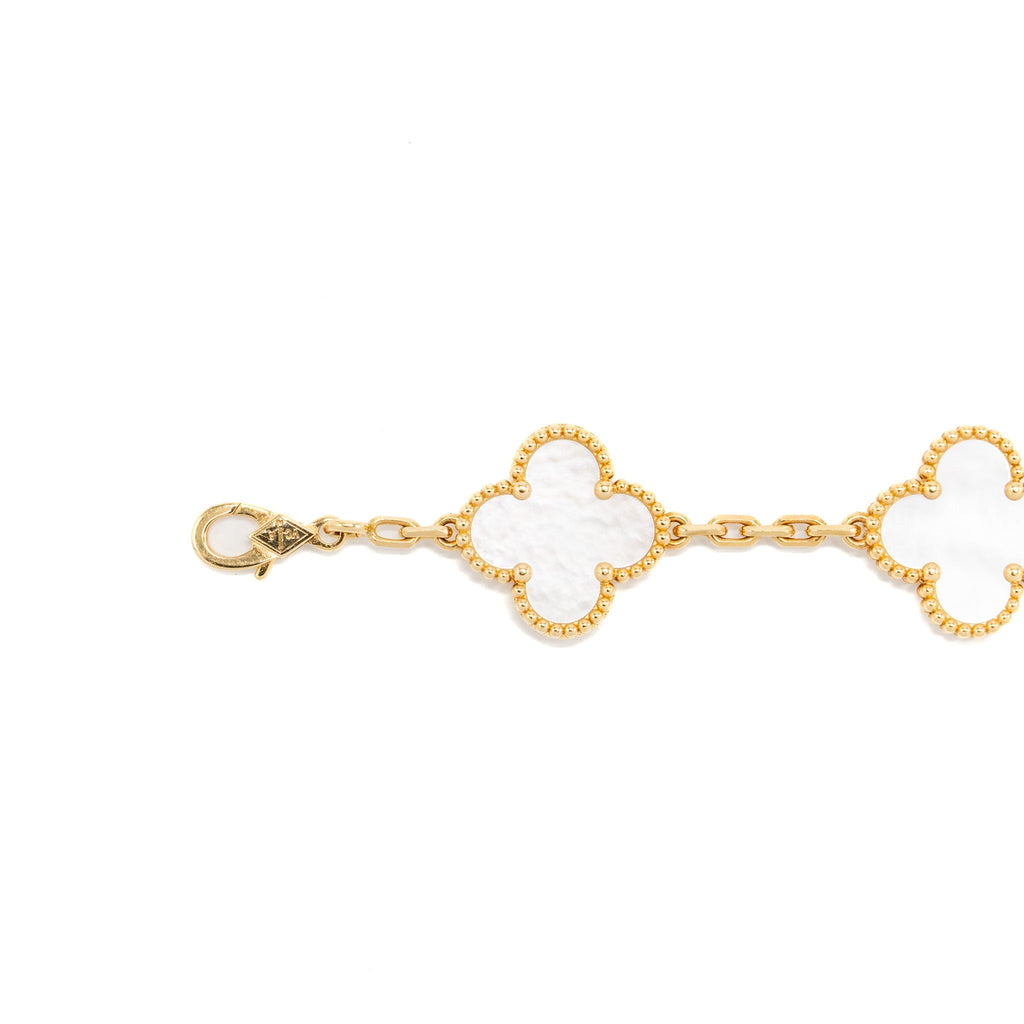VAN CLEEF AND ARPELS VINTAGE ALHAMBRA 5 MOTIF BRACELET 18K YELLOW GOLD / MOTHER OF PEARL