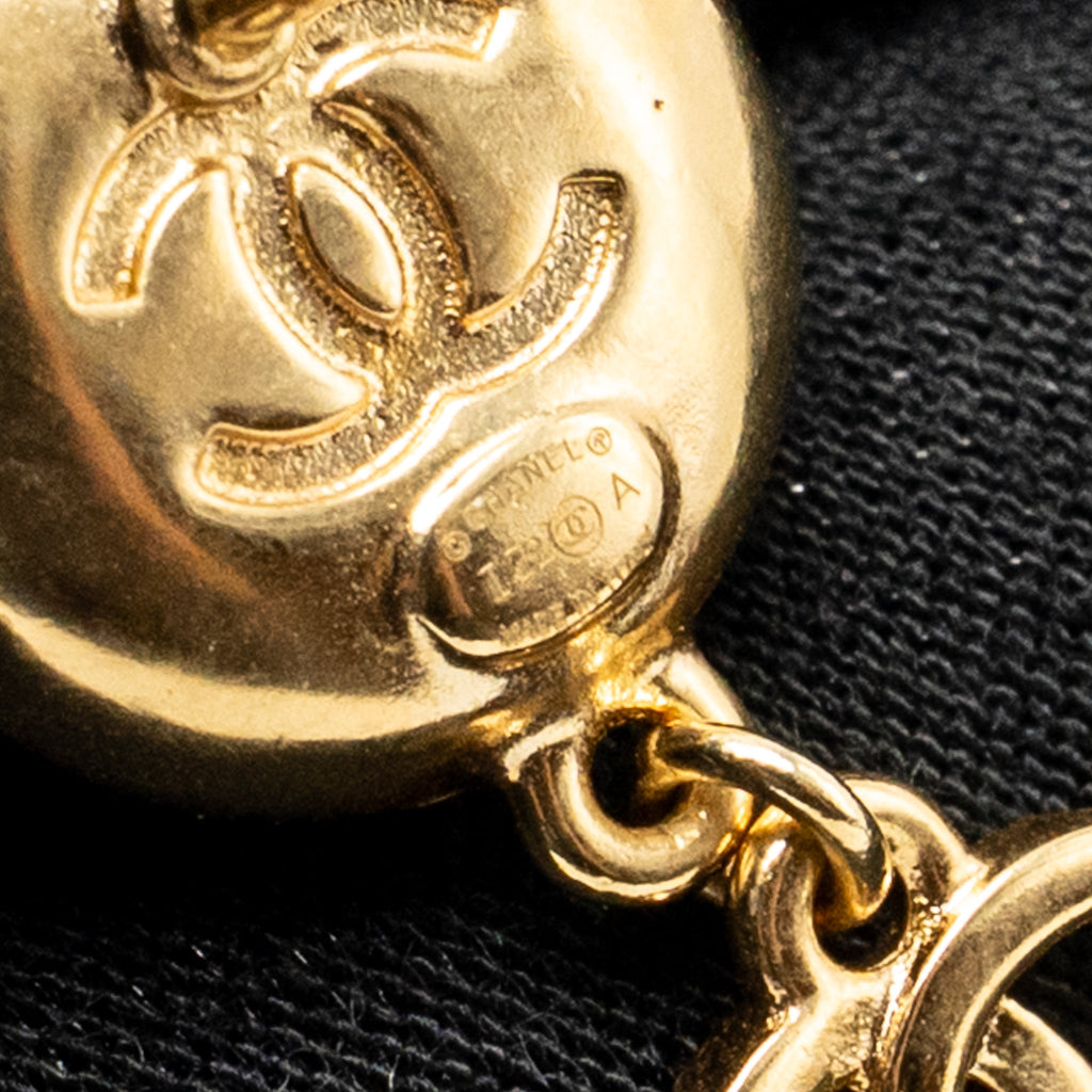CHANEL ROUND CAMELLIA CC DROP EARRINGS BLACK LEATHER GOLD TONE