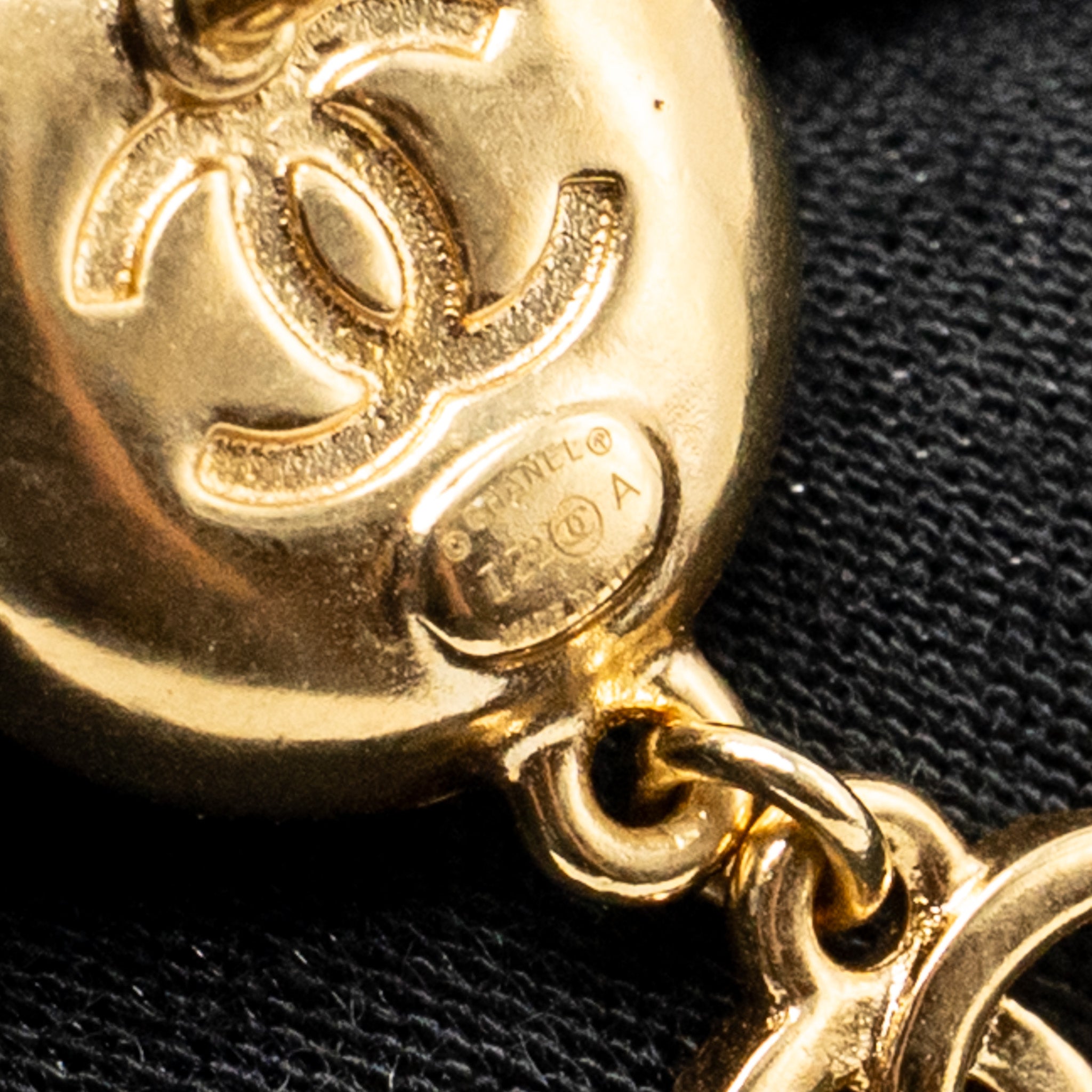 CHANEL ROUND CAMELLIA CC DROP EARRINGS BLACK LEATHER GOLD TONE