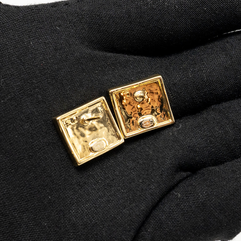 CHANEL SQUARE CC LOGO EARRINGS GOLD TONE