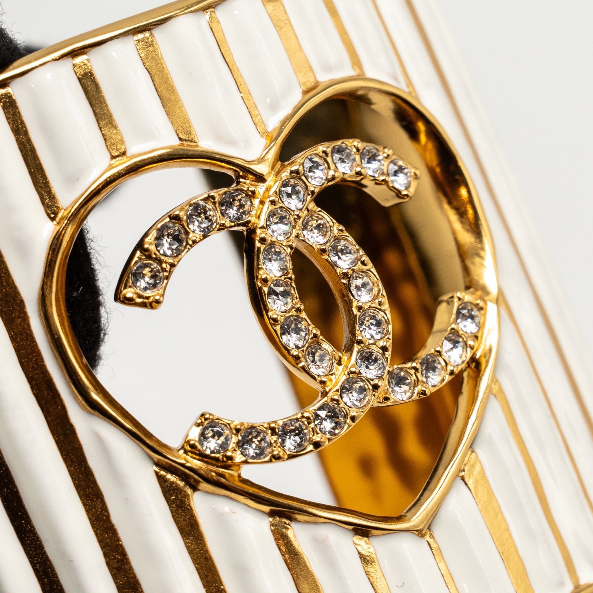CHANEL CRYSTAL CC HEART CUFF BRACELET GOLD TONE