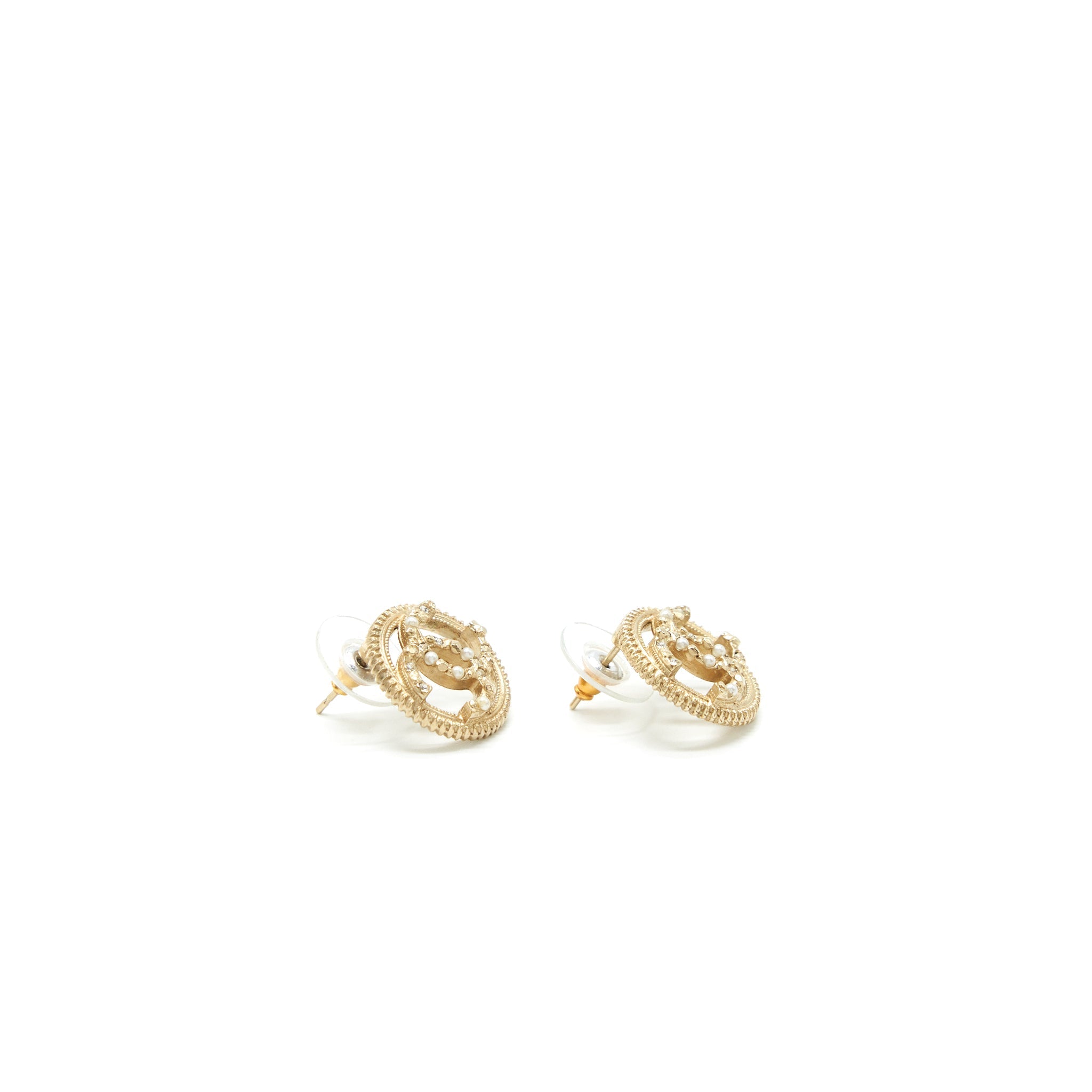 CHANEL ROUND CC LOGO CRYSTAL AND PEARL EARRINGS GHW