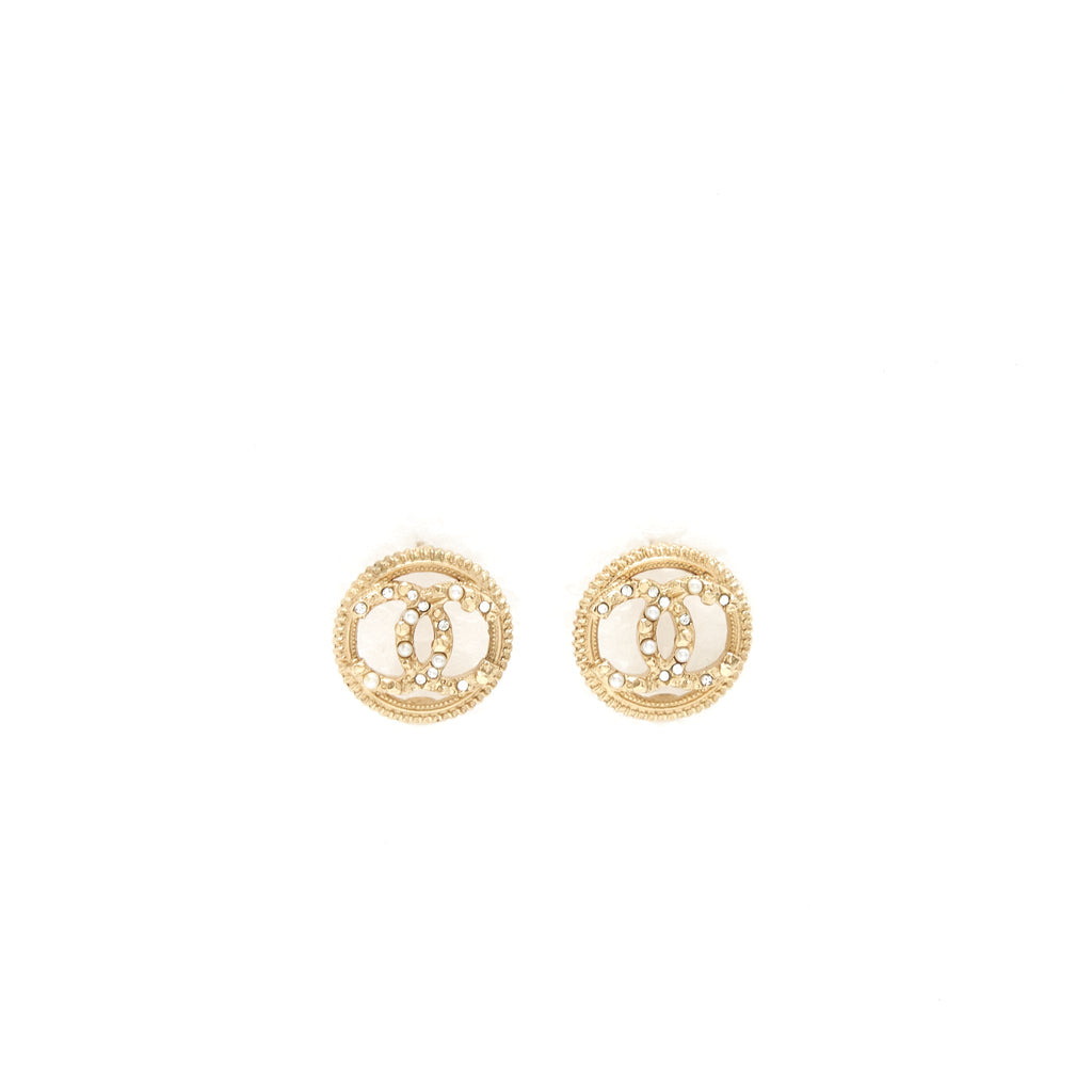 CHANEL ROUND CC LOGO CRYSTAL AND PEARL EARRINGS GHW